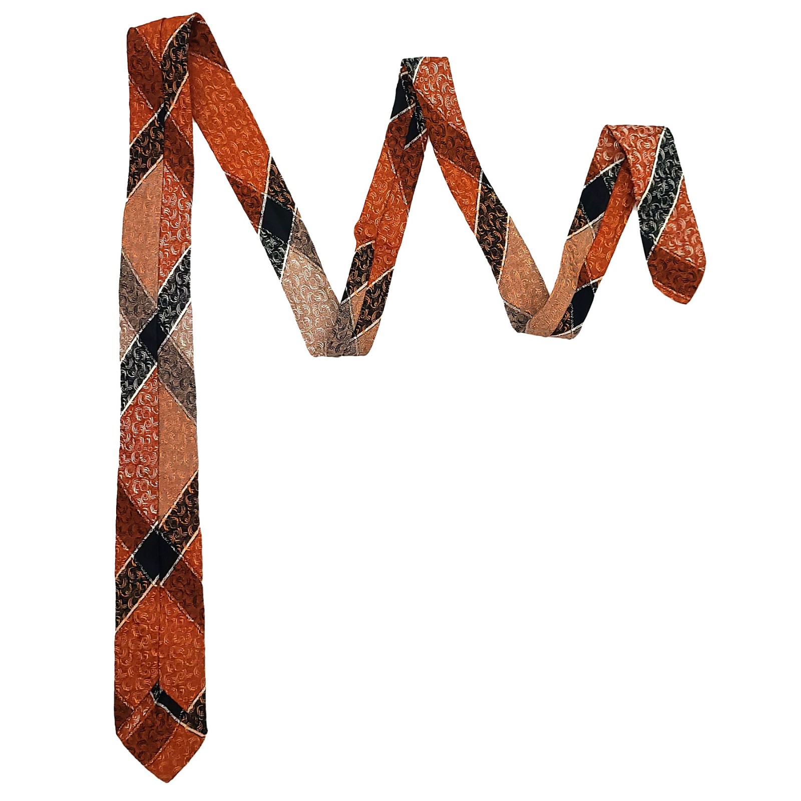 Vintage Jacquard Rust-Orange Black Beige Plaid Unlined Skinny Tie Necktie 2 x 53