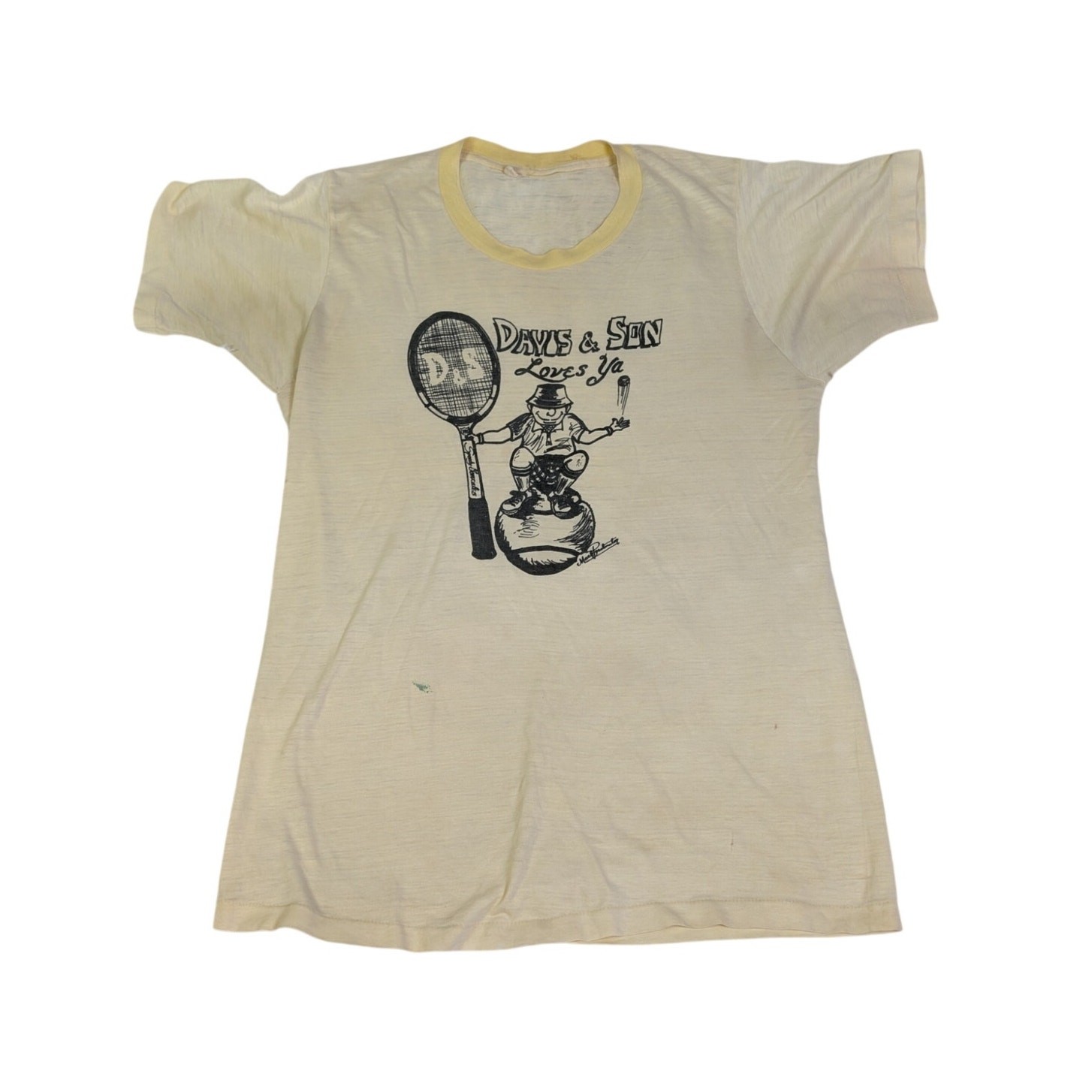 Vintage 70s Tennis Ringer T Shirt Davis & Son Loves Ya Graphic Single Stitch