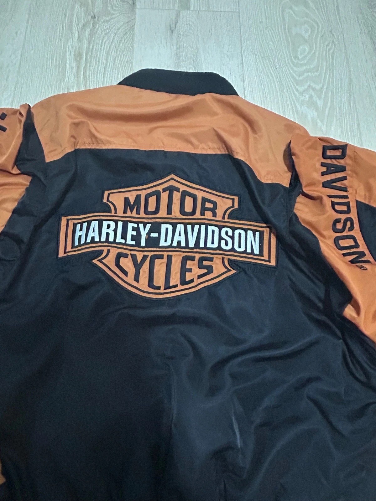 harley davidson jacket black orange bomber bar shield racing riding zip light