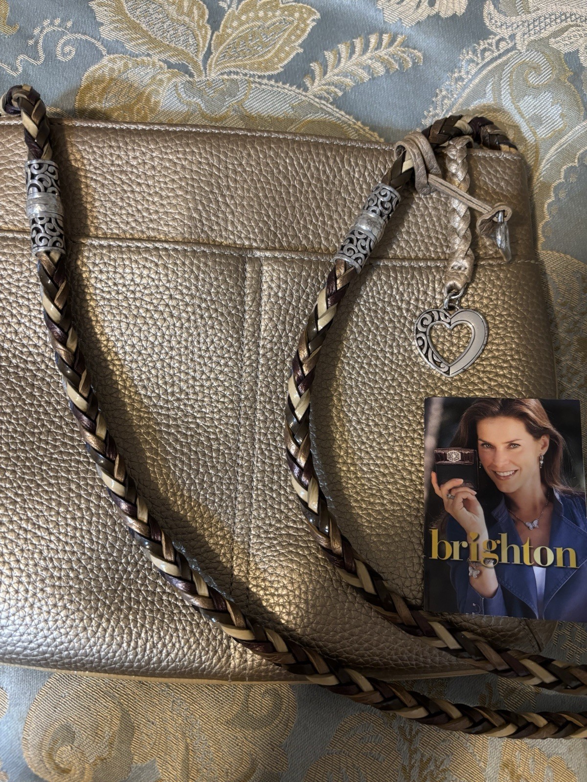 Brighton Gold Pebbled Shoulder Bag Braided Strap Heart Charm Zip Pockets