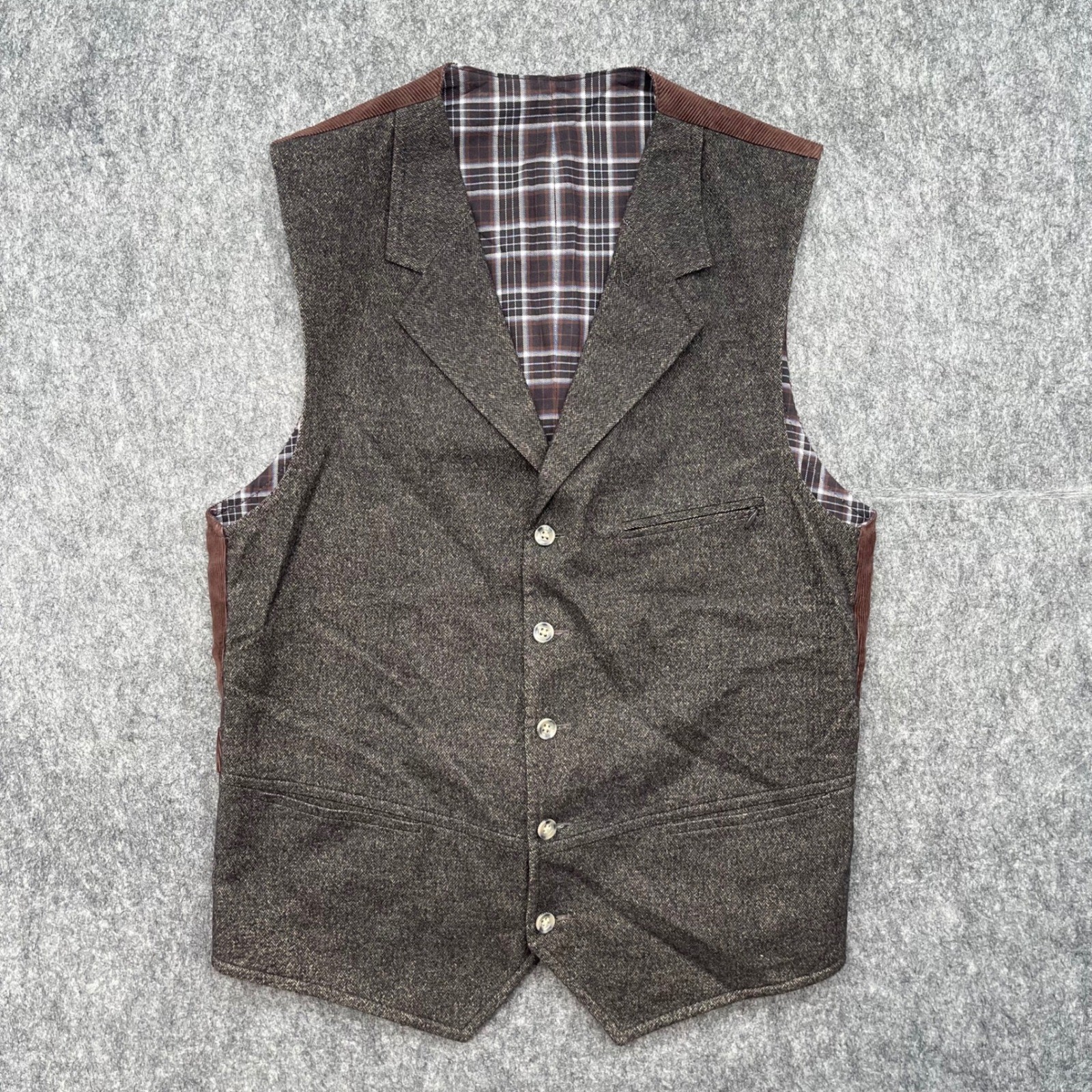 Kroon Vest Mens Medium Brown Herringbone Wool Blend Corduroy Plaid Lining