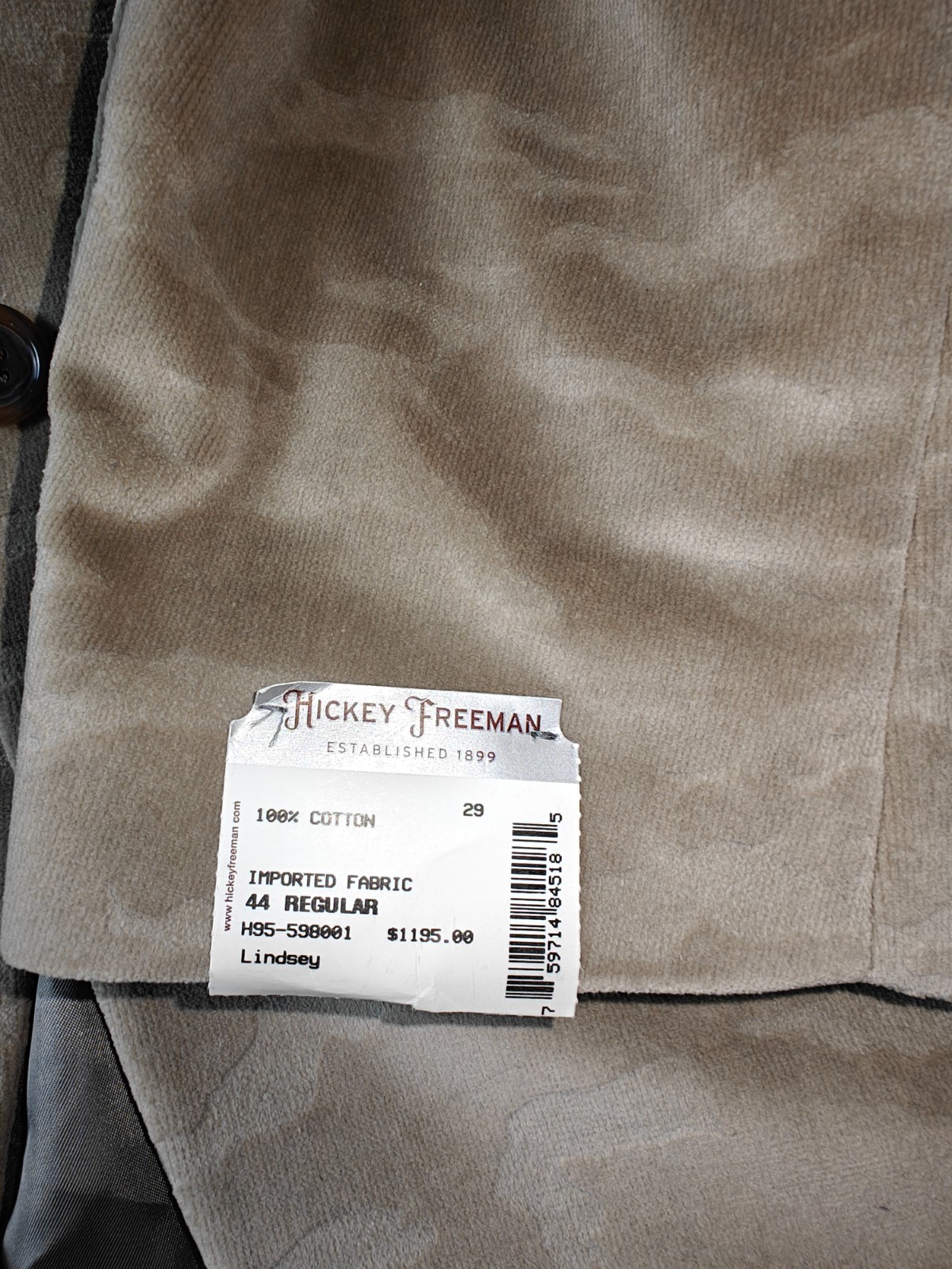 Hickey Freeman “Lindsey” Tan 100% Cotton Velvet Blazer Sport Coat Size 44R NWT