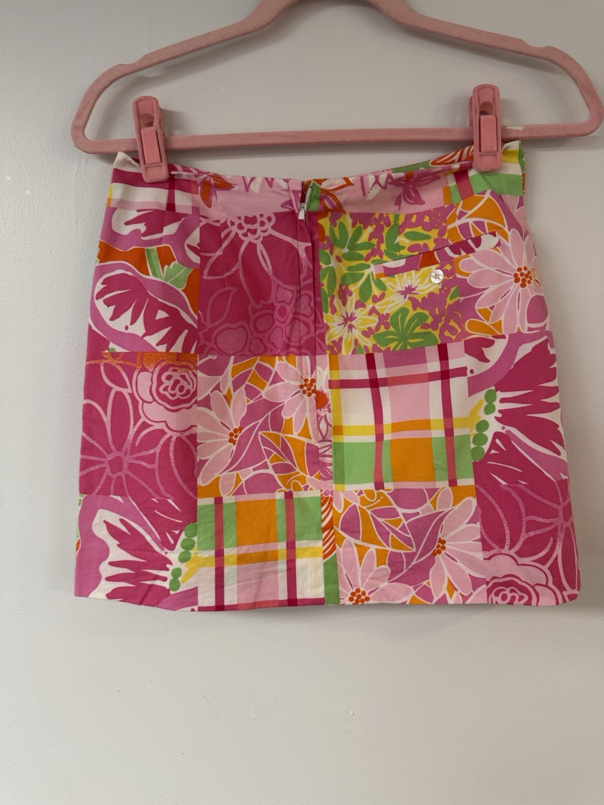 Lilly Pulitzer Patchwork Mini Skirt Size 2 Pink Floral Plaid Preppy Cotton