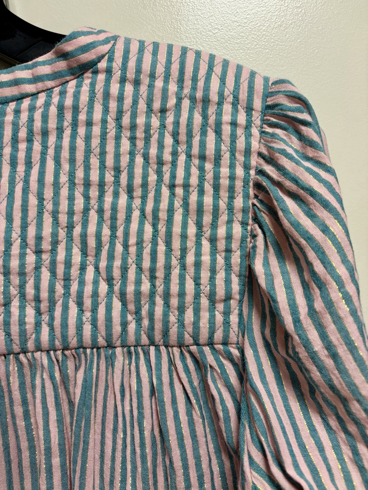 Boden Striped Metallic Quilted Shoulder Blouse Top UK 6 / US 2 Pink Teal Boho