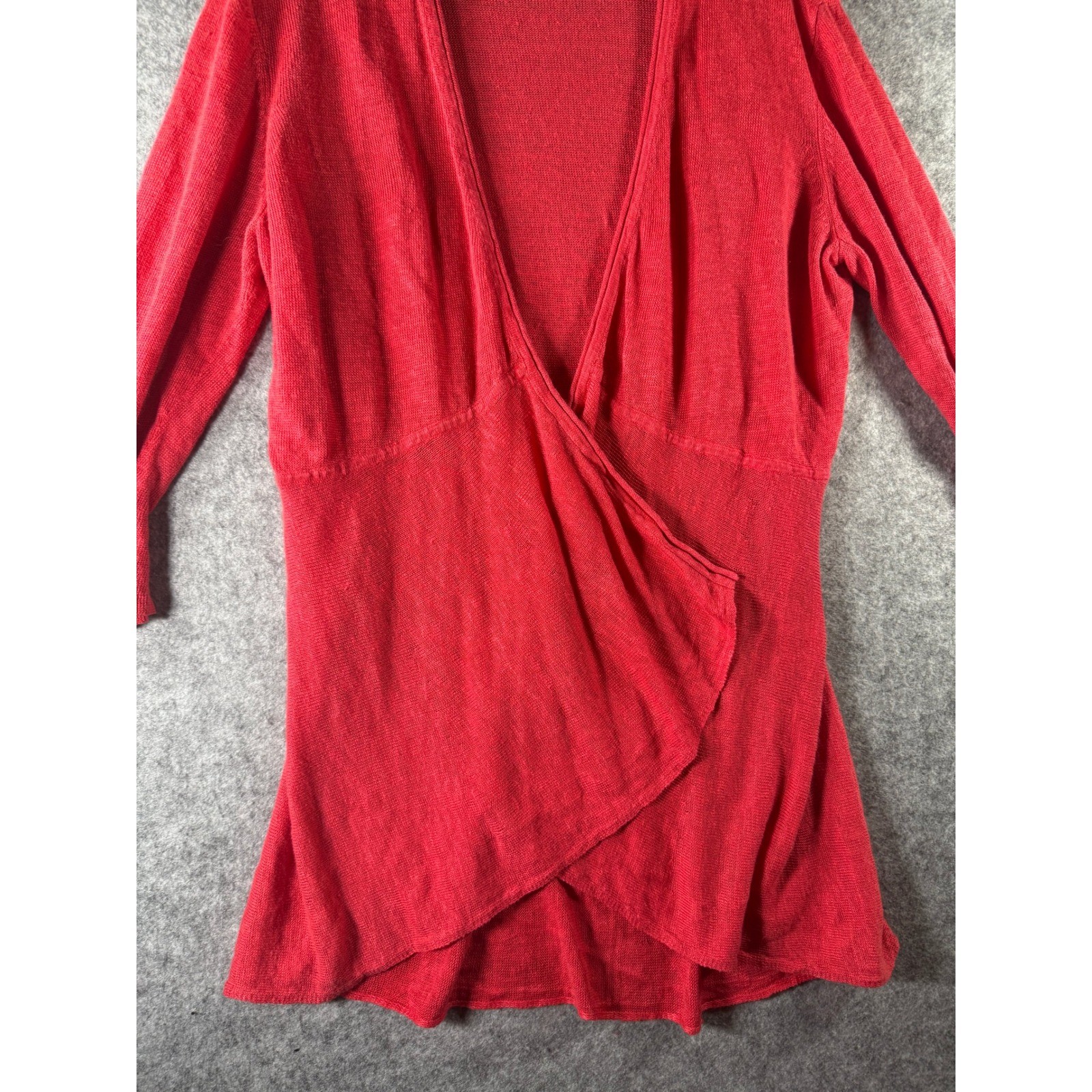 Eileen Fisher Coral Red Open Front Draped Cardigan Sweater Medium High Low Hem