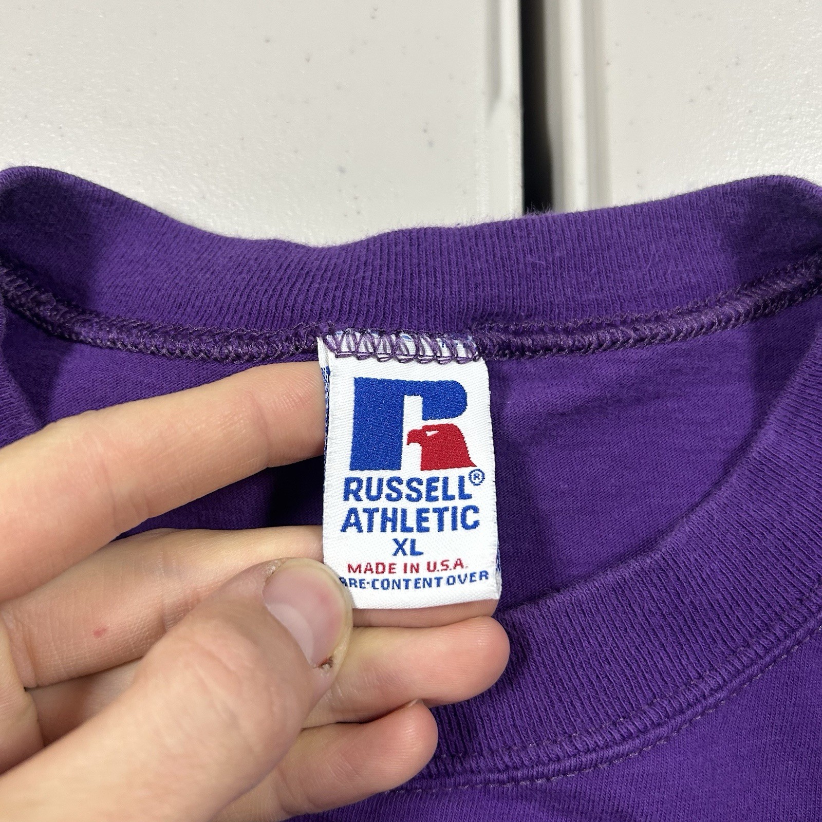 Vintage 90s Russell Athletic Blank Pocket Tee Purple Made in USA Cotton Men’s XL
