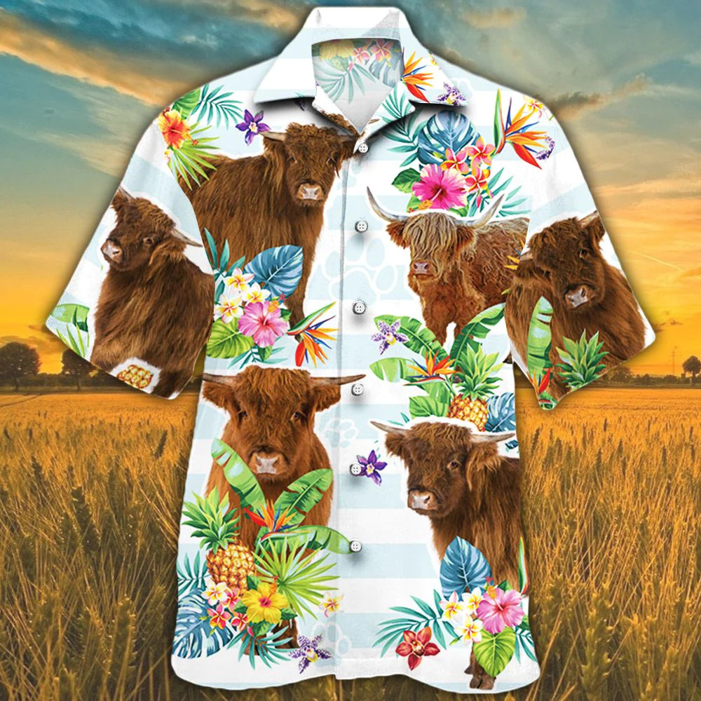 Highland Cattle Lovers Tropical Flower Trendy Hawaiian Shirt, Cow Trendy Hawaii