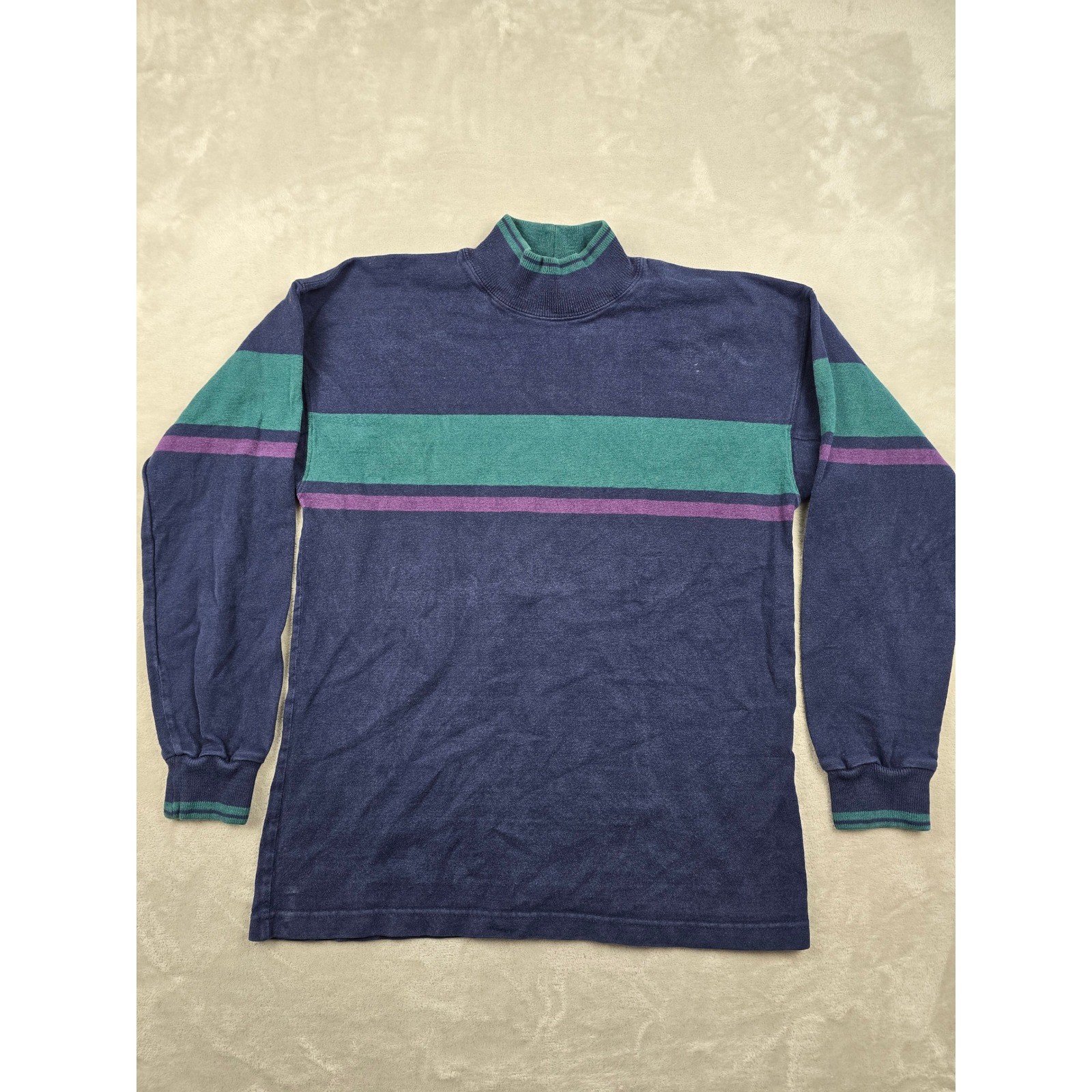 Vintage L.L. Bean Mock Neck Shirt Mens M Blue Striped Long Sleeve Made in USA