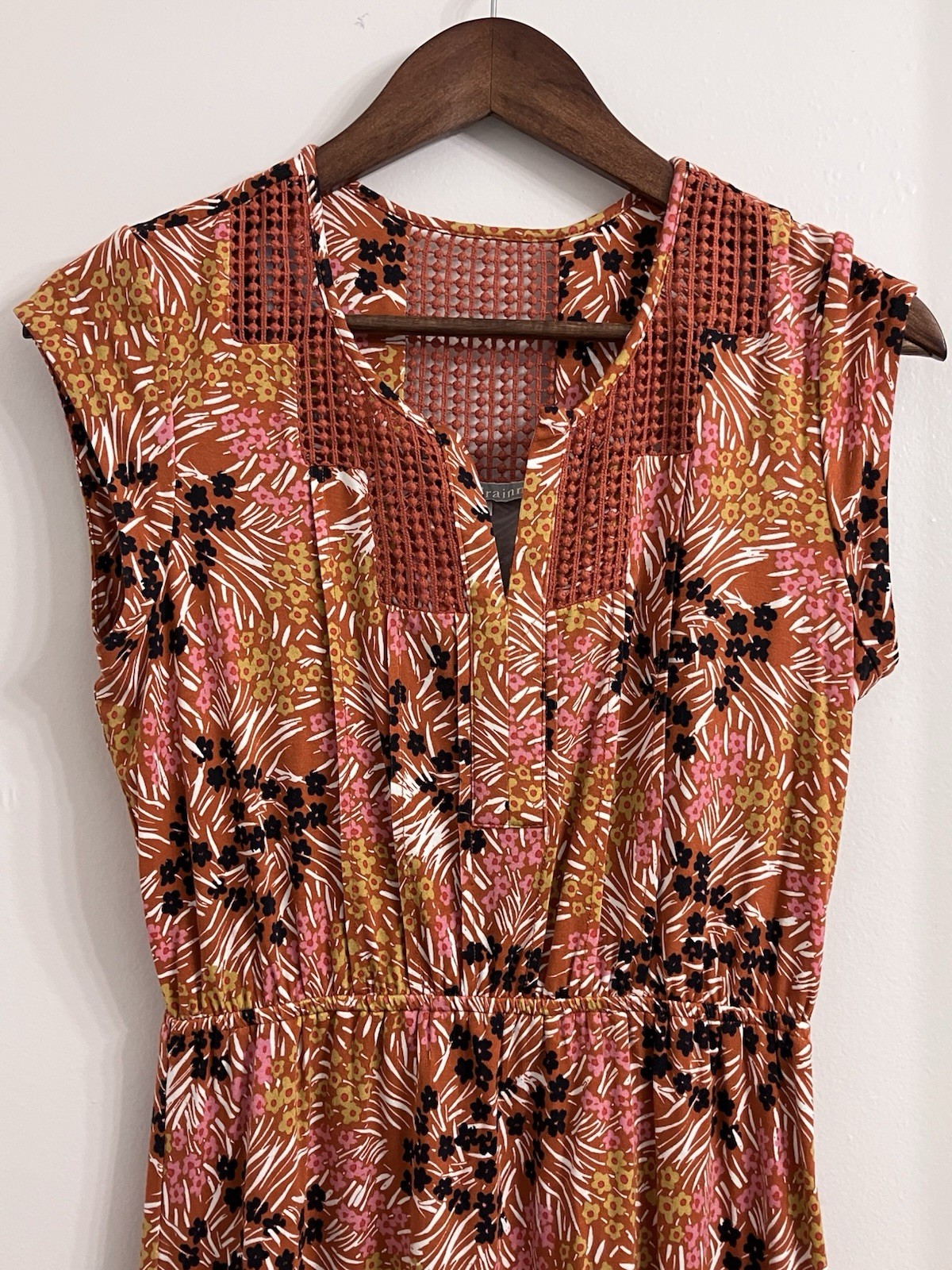 Daniel Rainn Floral Dress RXP Rust Orange Pink Boho Crochet Trim Rayon Lined
