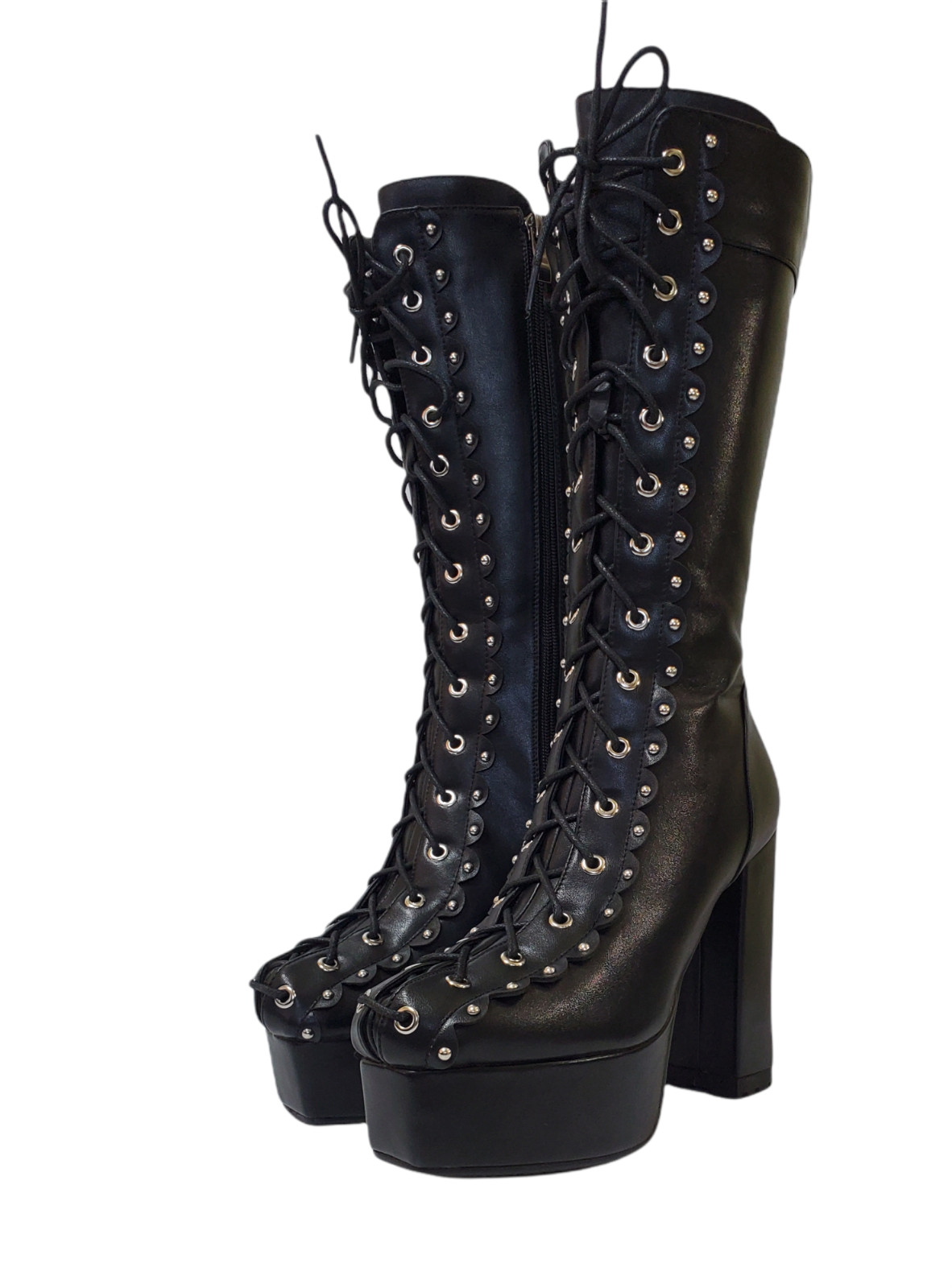 Women Black Gothic High Heel Platform Boots Studded Corset Combat Chunky Punk
