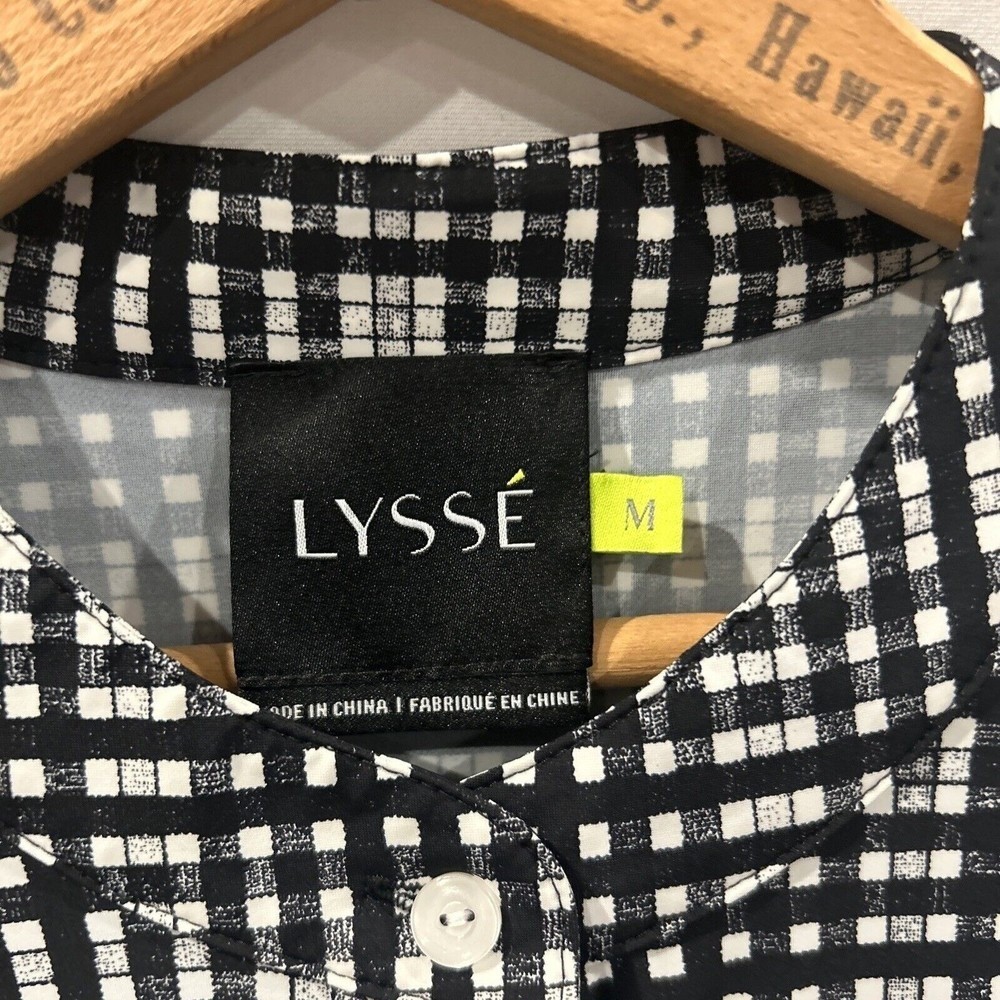 Lysse Womens Black White Grid Check Button Down Tunic Top High Low Hem Medium