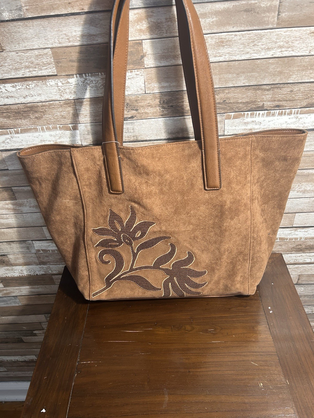 Centric Brown Tote Bag Floral Applique Double Handles Magnetic Zip Closure