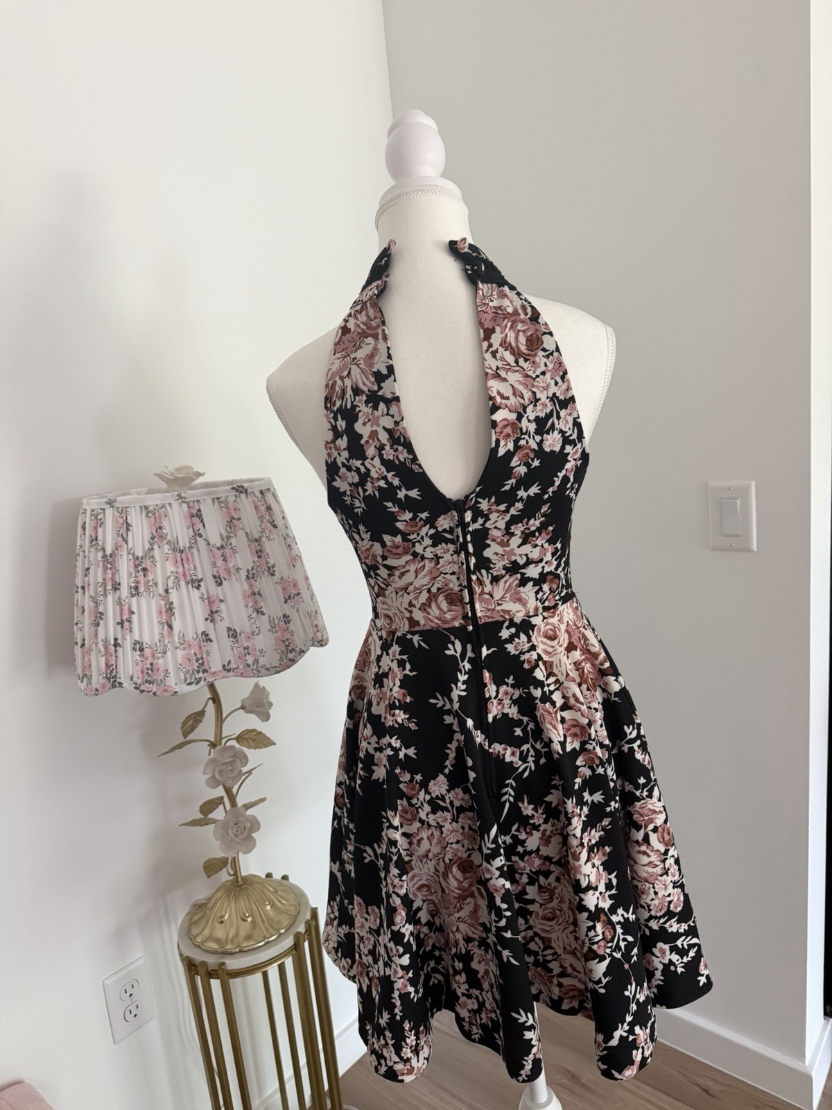 B. Darlin Black Pink Floral Halter Fit & Flare Short Lined Dress S