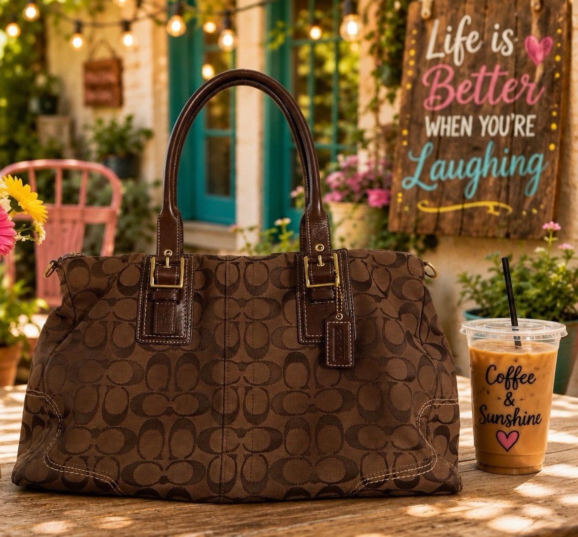 Coach Soho Signature Monogram Brown Satchel Top Handle Zip Pink Lining Bag