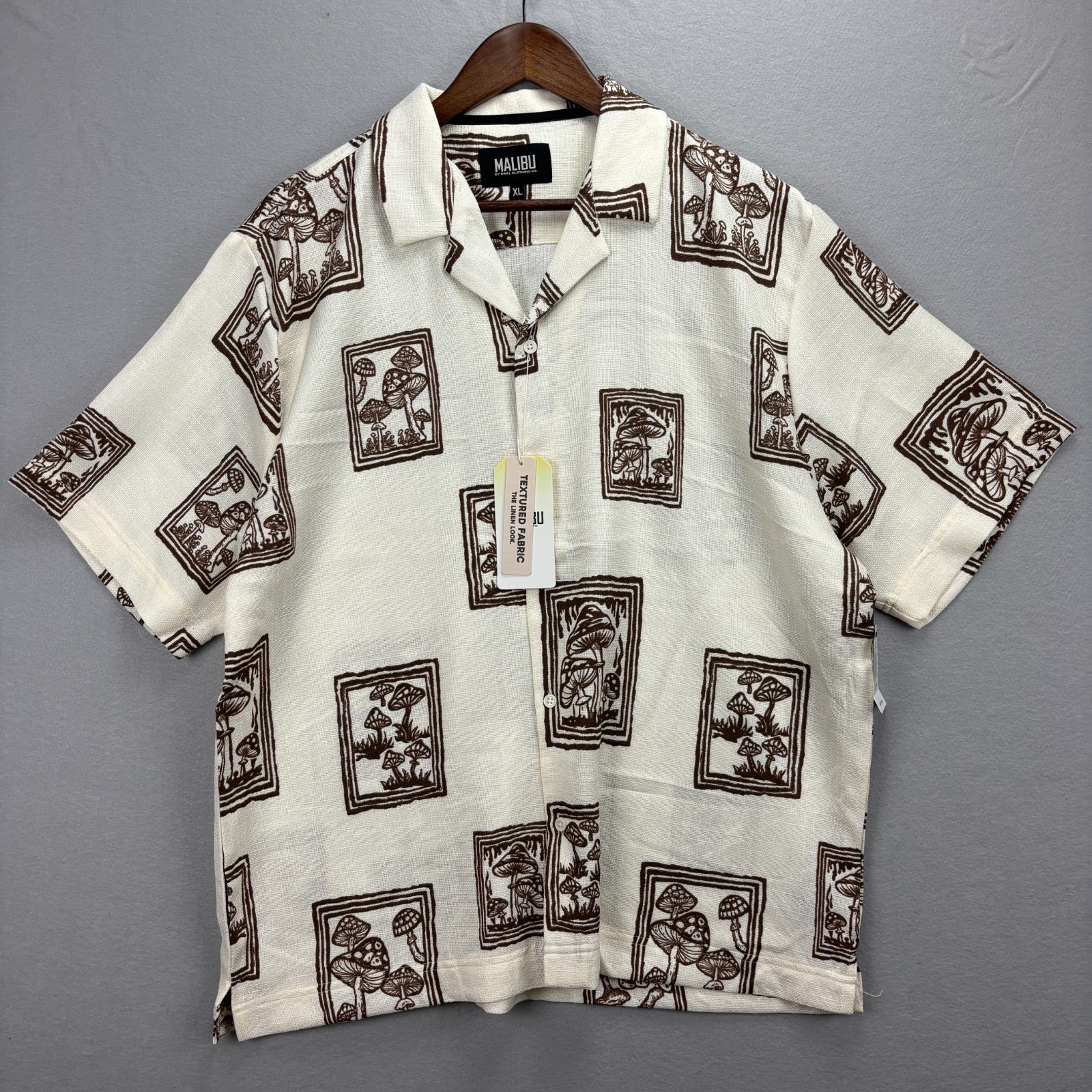 Malibu Mens XL Mushroom Shirt NWT Camp Collar Brown Cream Linen Look Psychedelic
