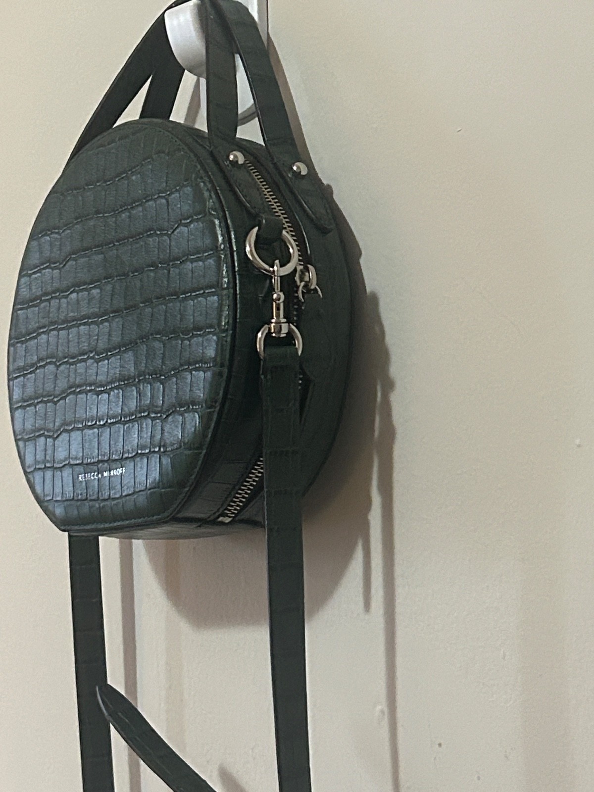 REBECCA MINKOFF Jody Croc Embossed Leather Circle Crossbody Bag Green Round