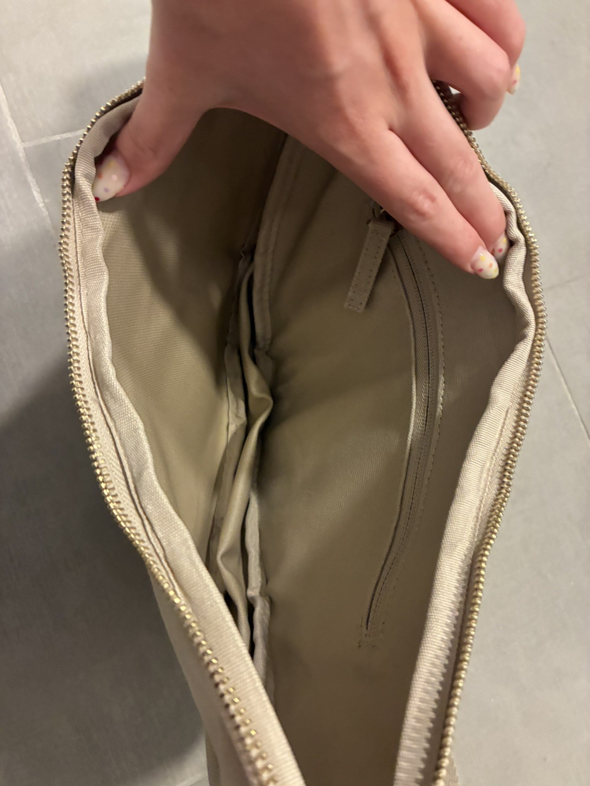 July Everyday Crossbody Bag Sand Beige Canvas Crescent Sling Bag Gold Hardware