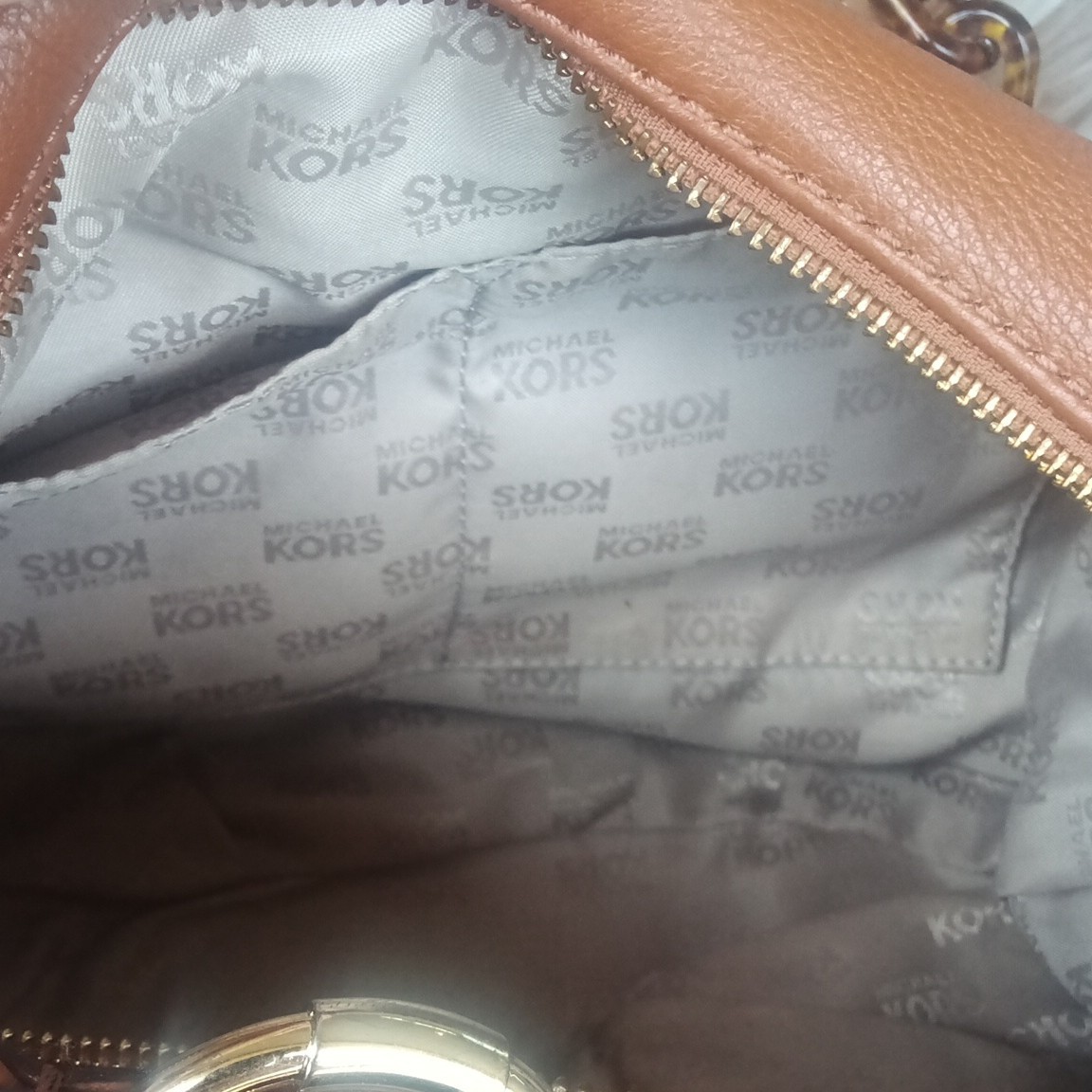 Michael Kors Brown Pebbled Zip Shoulder Bag Gold Hardware Large Crescent