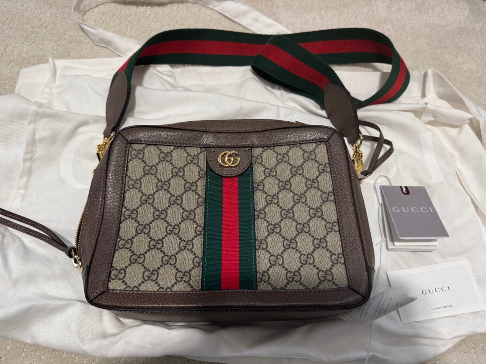 Gucci Ophidia GG Supreme Canvas Crossbody Bag Brown Web Stripe