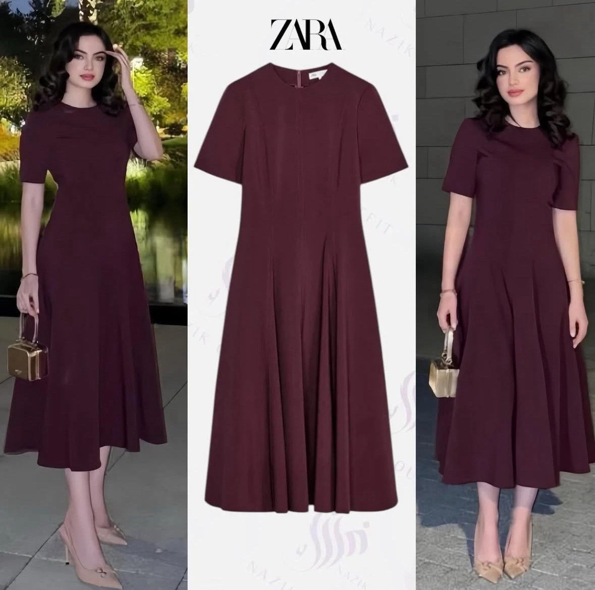 ZARA NWT WOMAN SS25 GODETS MIDI DRESS ZW COLLECTION BURGUNDY 2648/952_S-XL