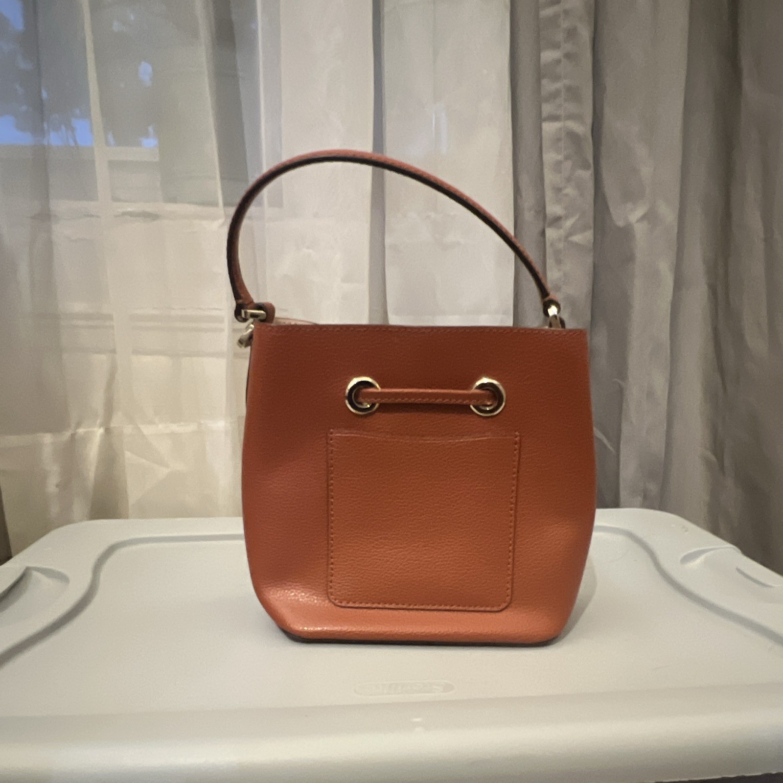 Kate Spade New York Brown Bucket Drawstring Top Handle Bag Gold Hardware Studs
