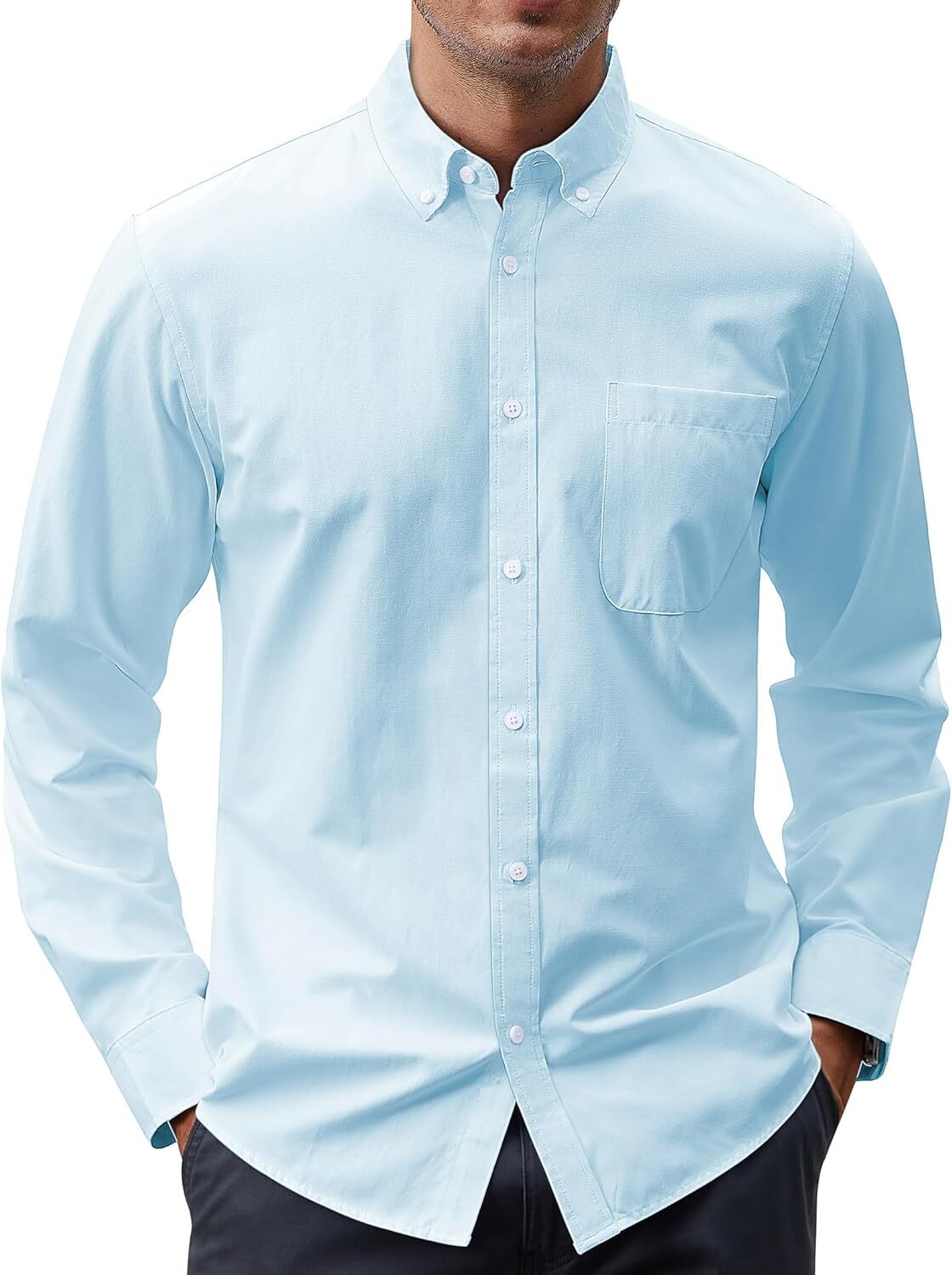 Men’s Oxford Shirt Solid Button Down Collar Long Sleeve Dress Shirt with Pocket