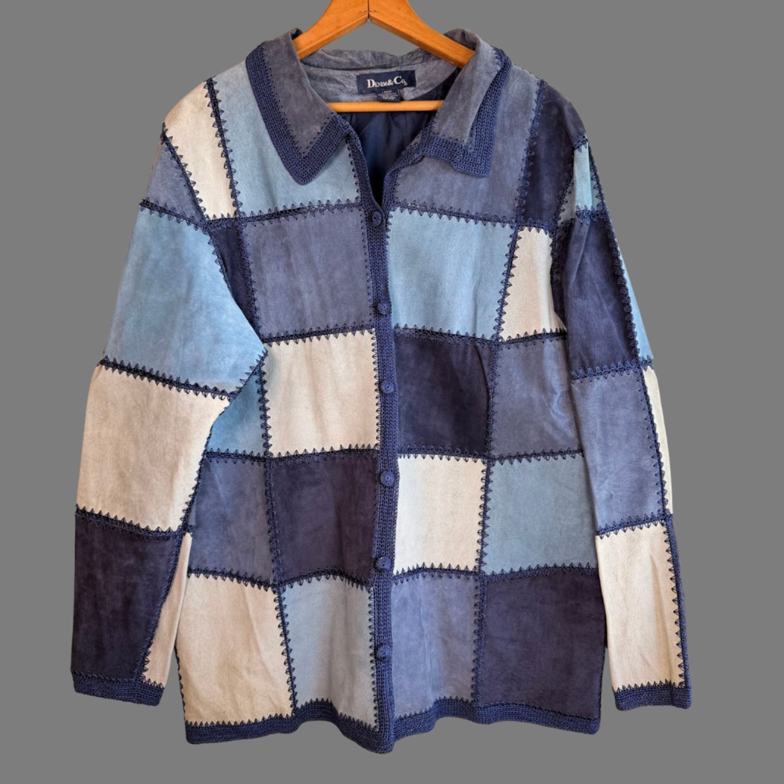 Vintage 90s Denim & Co Block Stitched Leather Patchwork Jacket