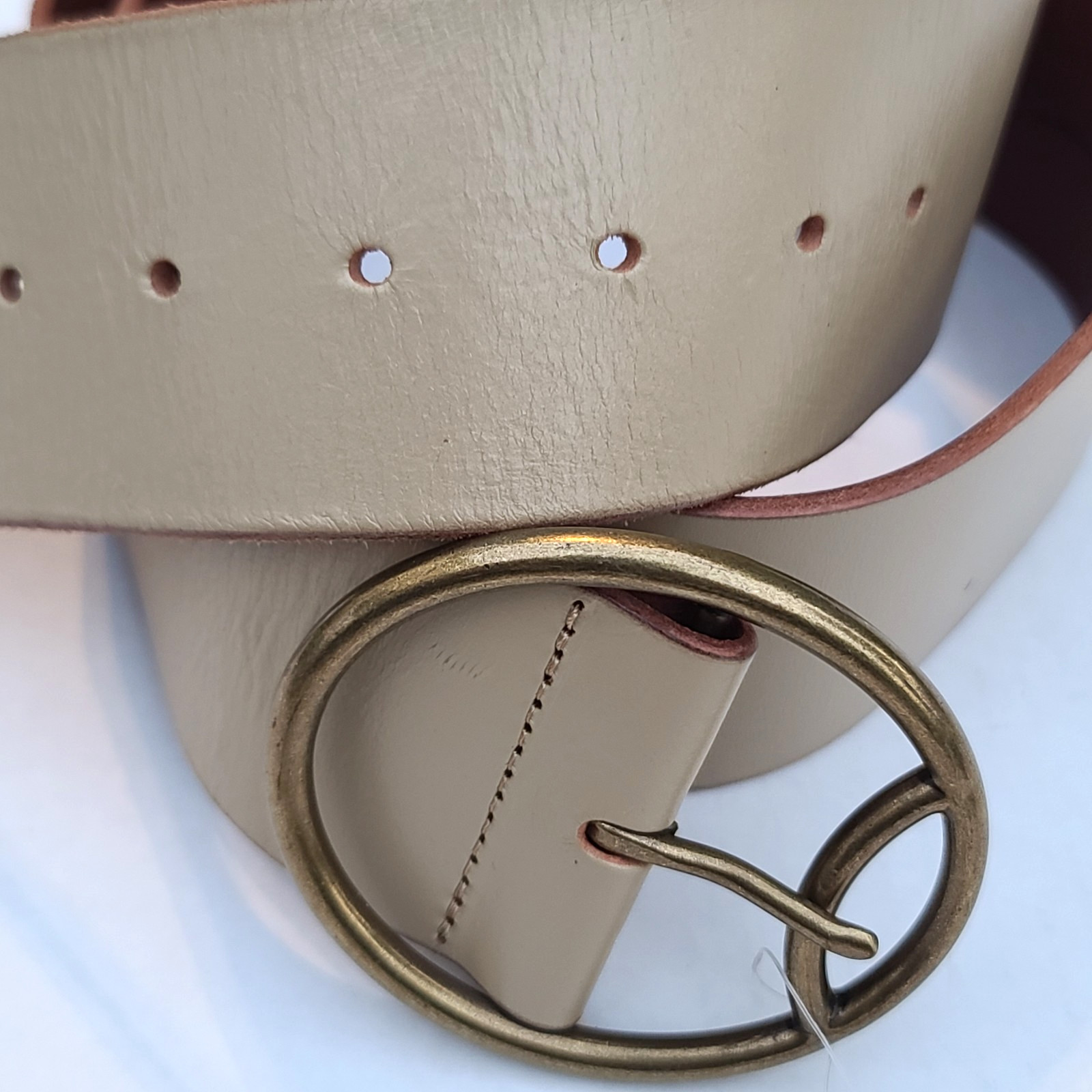 Anthropologie Wide Leather Belt w Round Brass Tone Buckle M/L Beige 2.25″W NWT