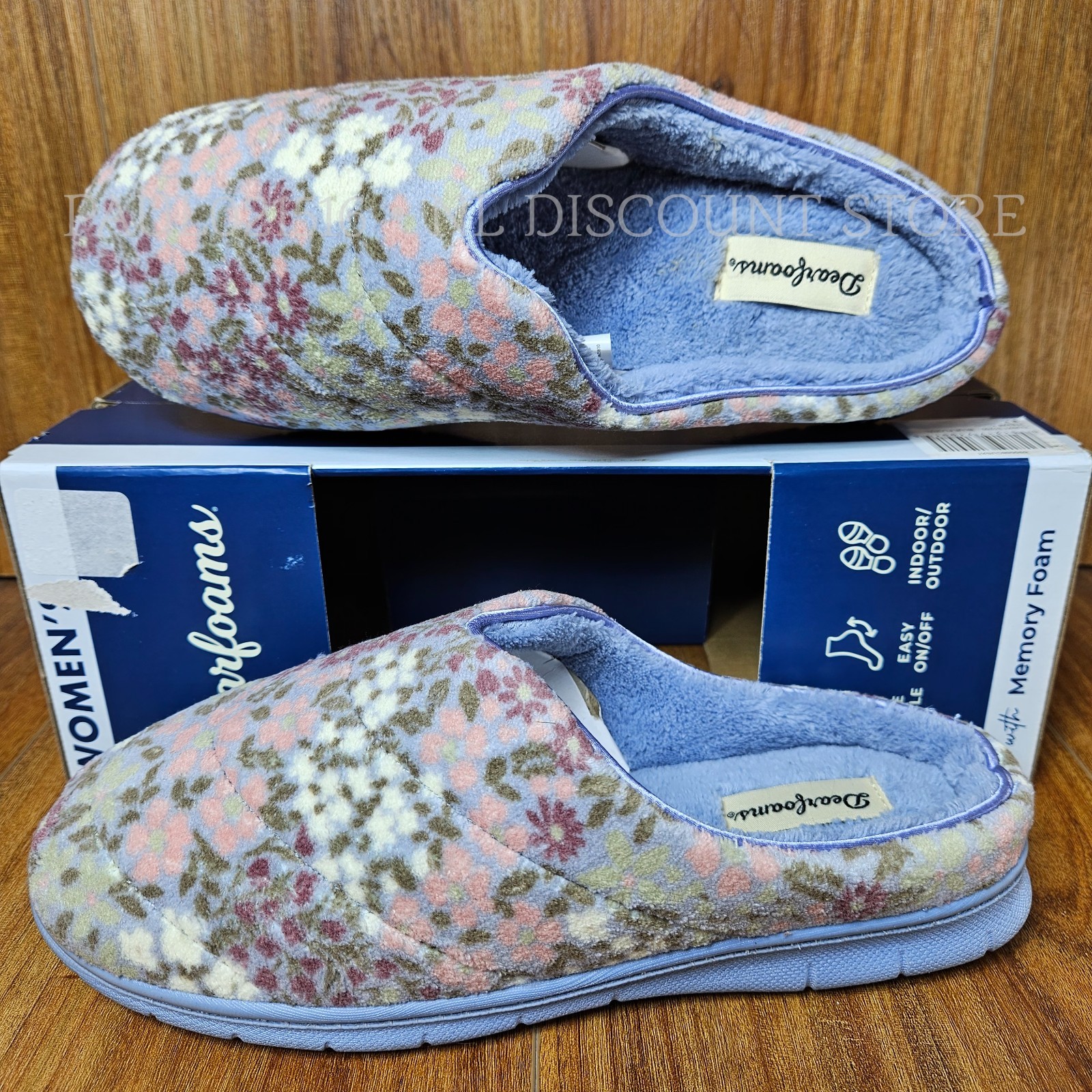 DEARFOAMS Women’s Indoor/Outdoor Slippers ~ Blue Floral