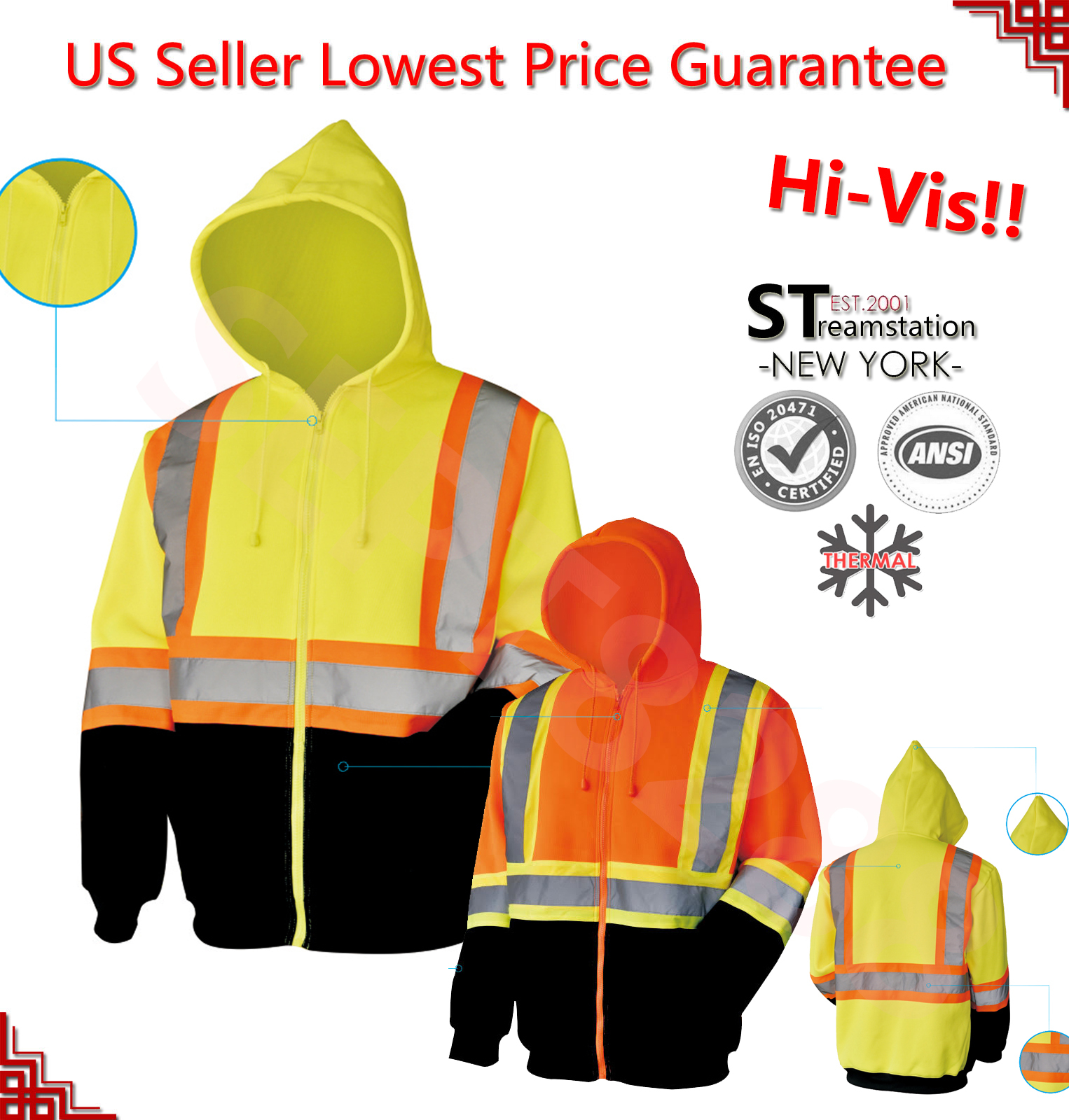 Hi Vis Hooded Sweatshirt ANSI Class 3 Safety Hoodie Zip Front Black Bottom 06H