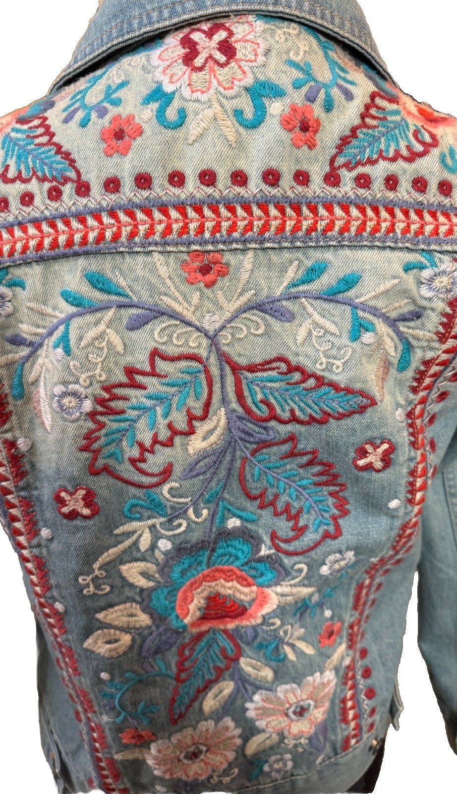 Johnny Was Oman Embroidered Denim Jean Jacket Women’s Boho Artsy Colorful XS