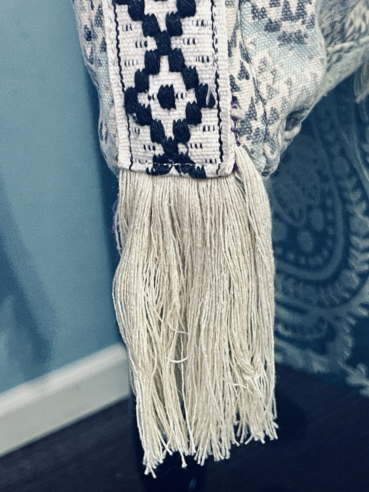 Steve Madden Canvas Shoulder Tote Bag Blue Gray Ivory Adjustable W Fringe Boho