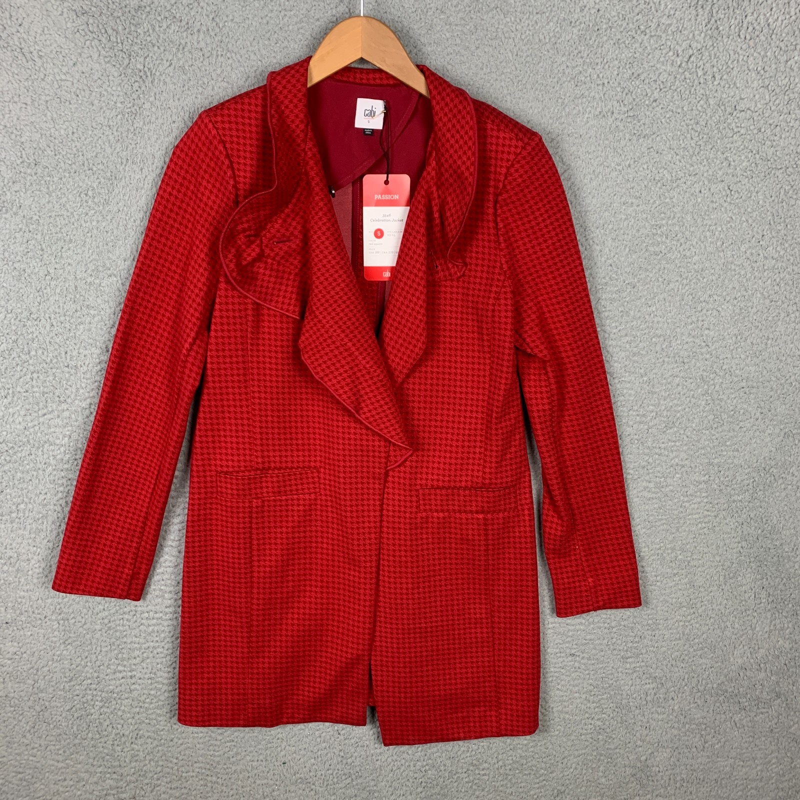 CAbi Celebration Jacket Womens Small Red Square 3546 Houndstooth Ruffle Coat NWT