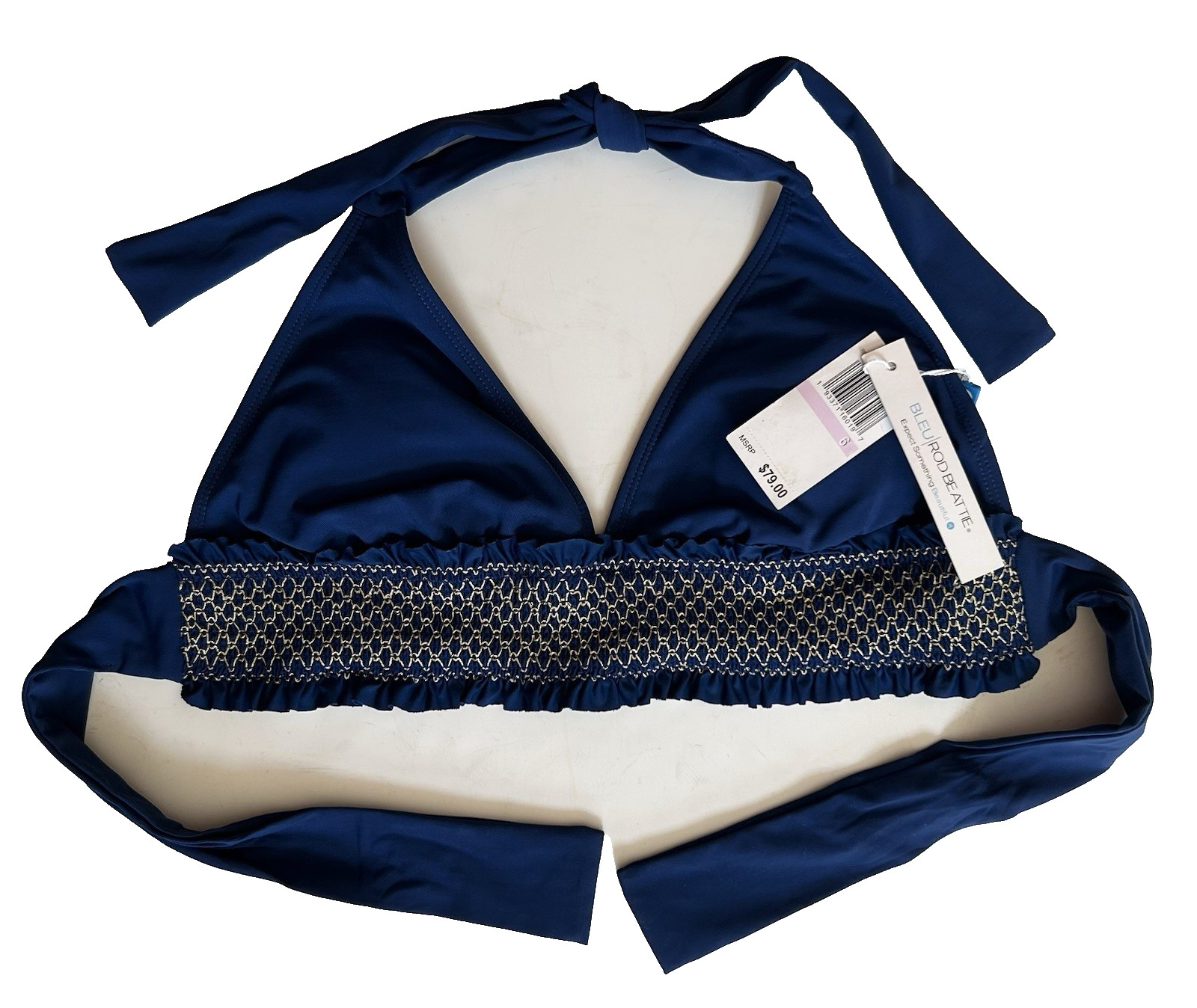 BLEU ROD BEATTIE Blue/Gold Smocked Halter Tie Bikini Swim Top~Women’s 6~NWT $79