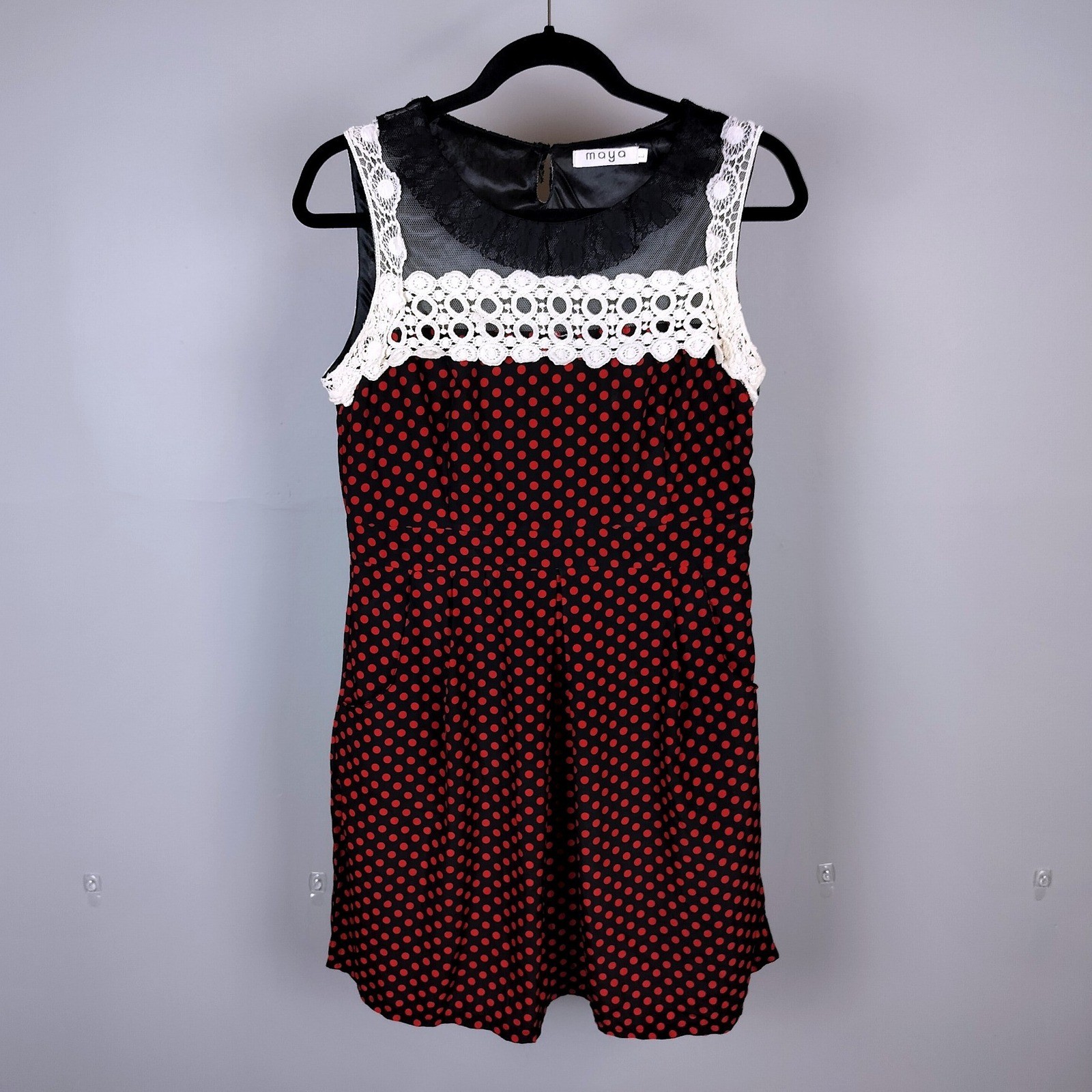 Maya Y2K Whimsigoth Polka Dot Lace Trim Mesh Yoke Sleeveless Mini Dress Pockets