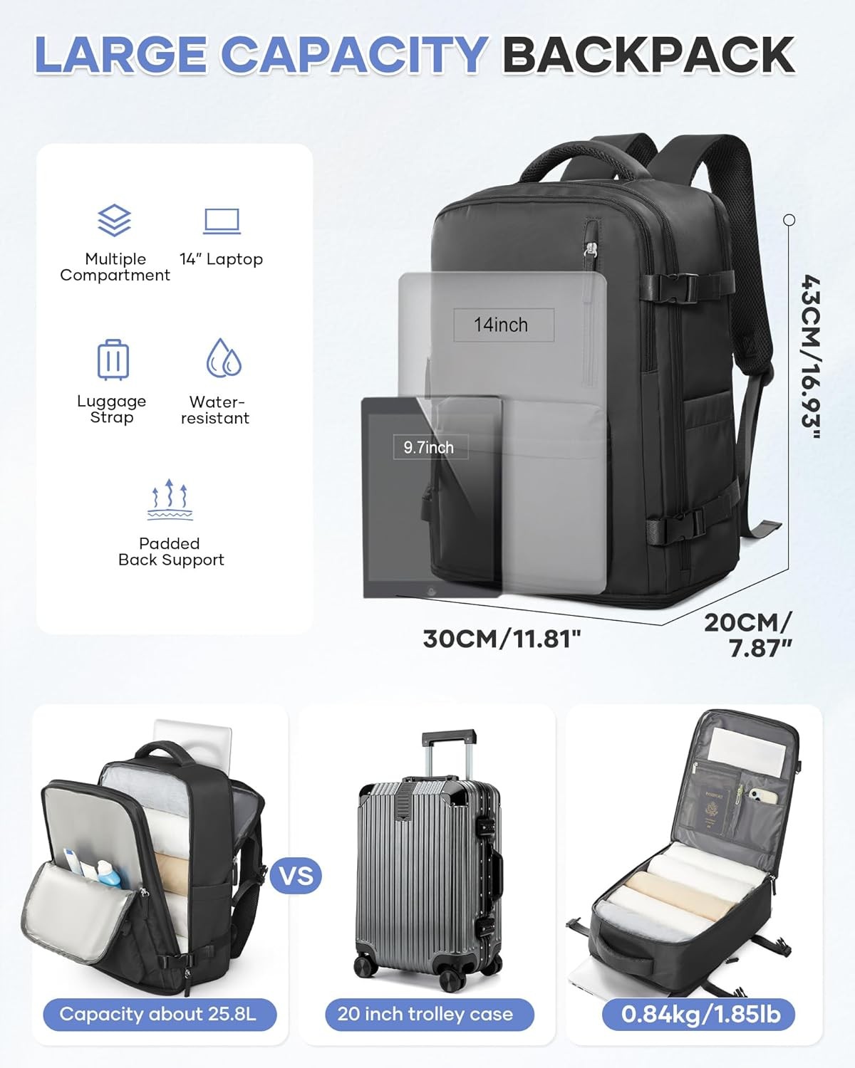 Large Travel Daypack Waterproof Laptop Backpack Carry On Black