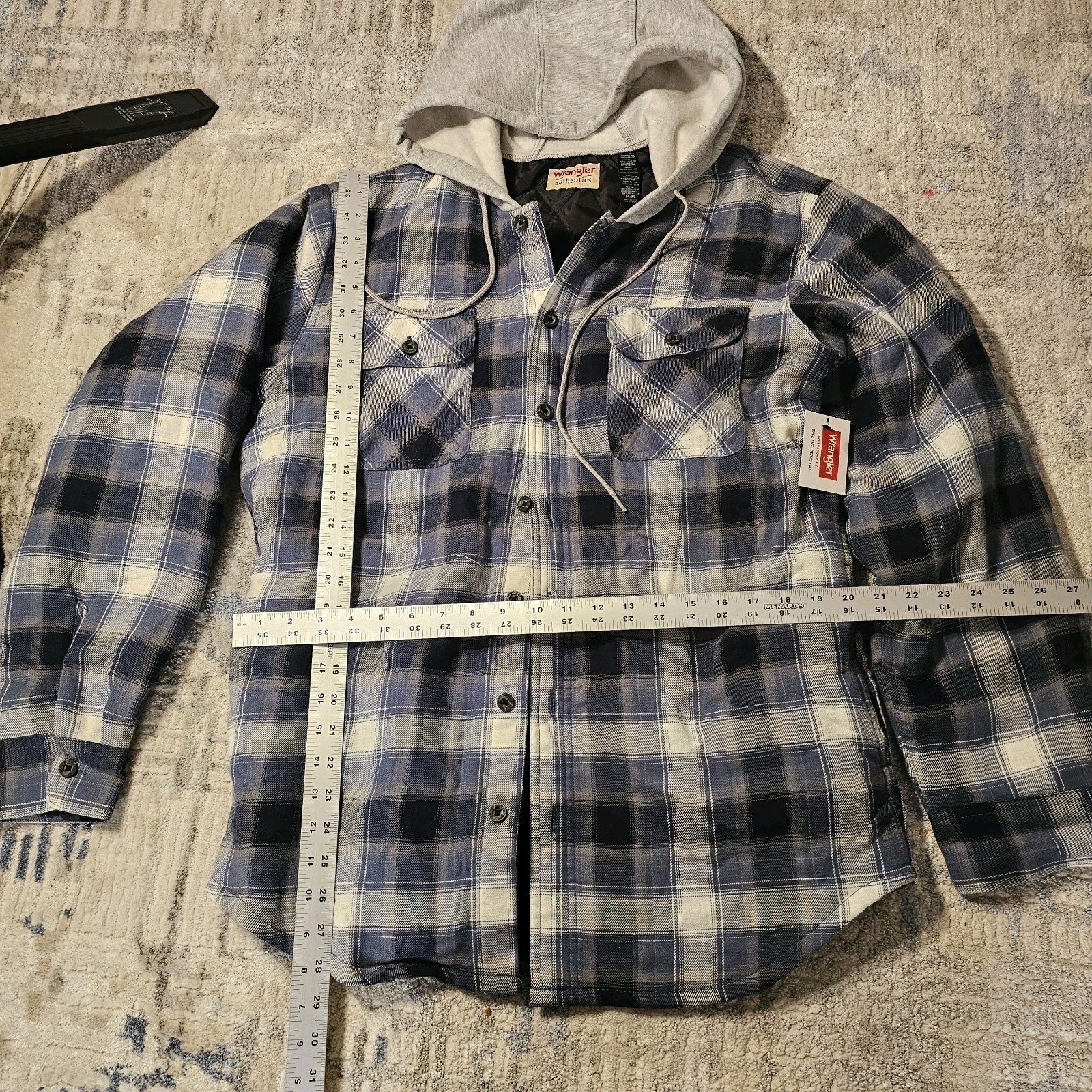 Wrangler Authentics Men M Blue Plaid Hooded Insulated Lined Button Shacket