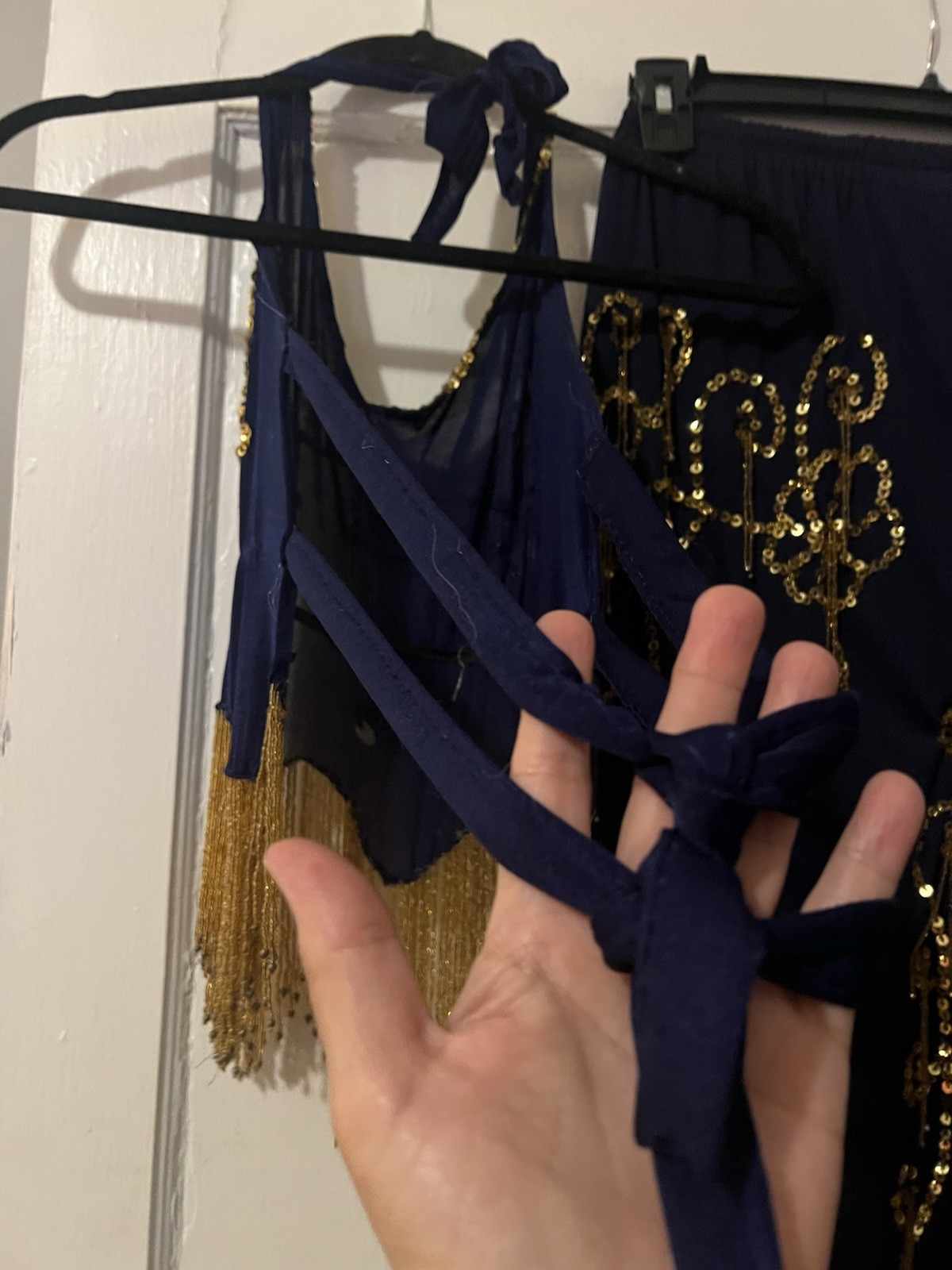 Navy & Gold Bellydance Inspired Showgirl Fringe 2-Pc Sequin Beaded Festival Set