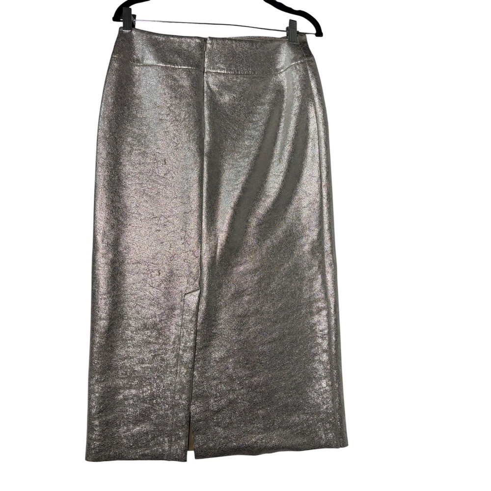 Zara Metallic Silver Faux Leather Midi Pencil Skirt Size M High Slit Textured