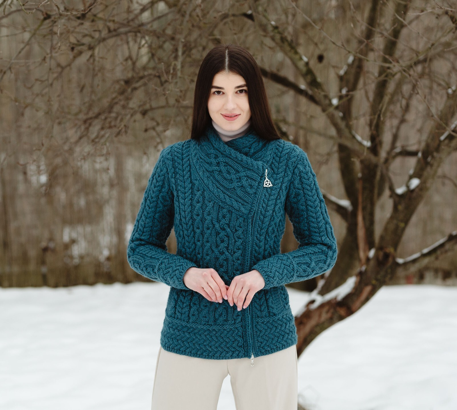 SAOL Cable Knitted Cardigan Women’s 100% Merino Wool Irish Aran Zipper Jacket