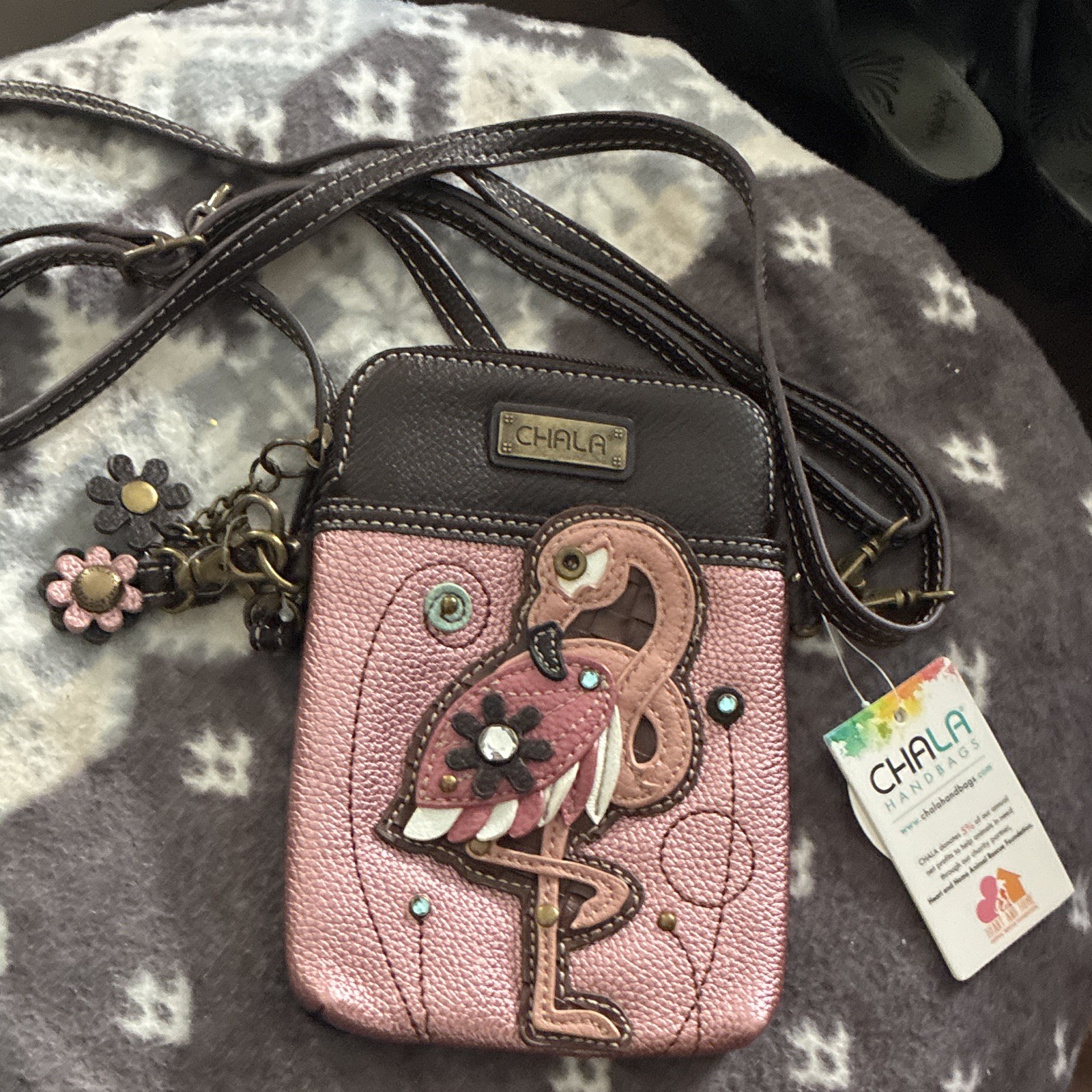 Chala Pink/Black Flamingo Applique Crossbody Bag, Zip Closure, Charm, Small
