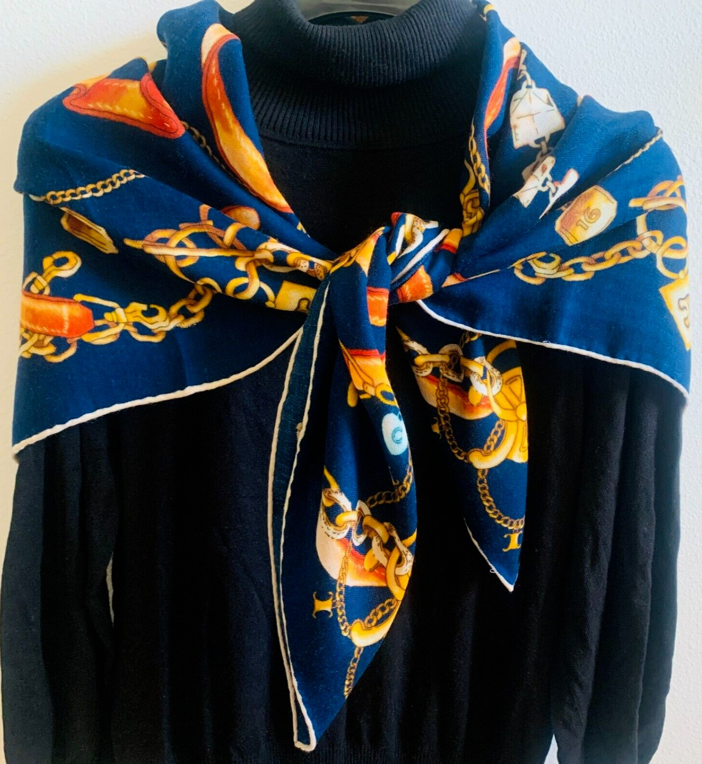 41″x41″Dark Blue Harness Print 70% Cashmere 30% Silk Thin Scarf Shawl 105x105cm