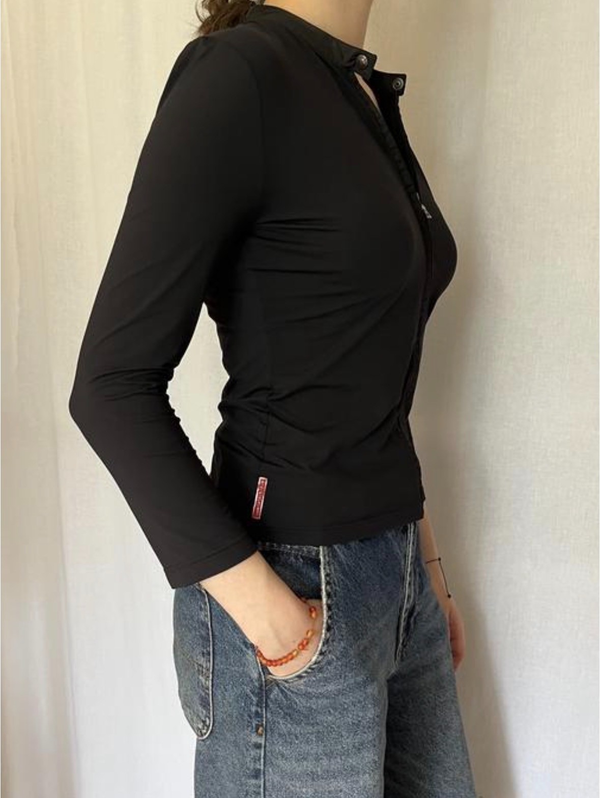 Prada Women’s black nylon-elastane blend zip-up top red tab Size S