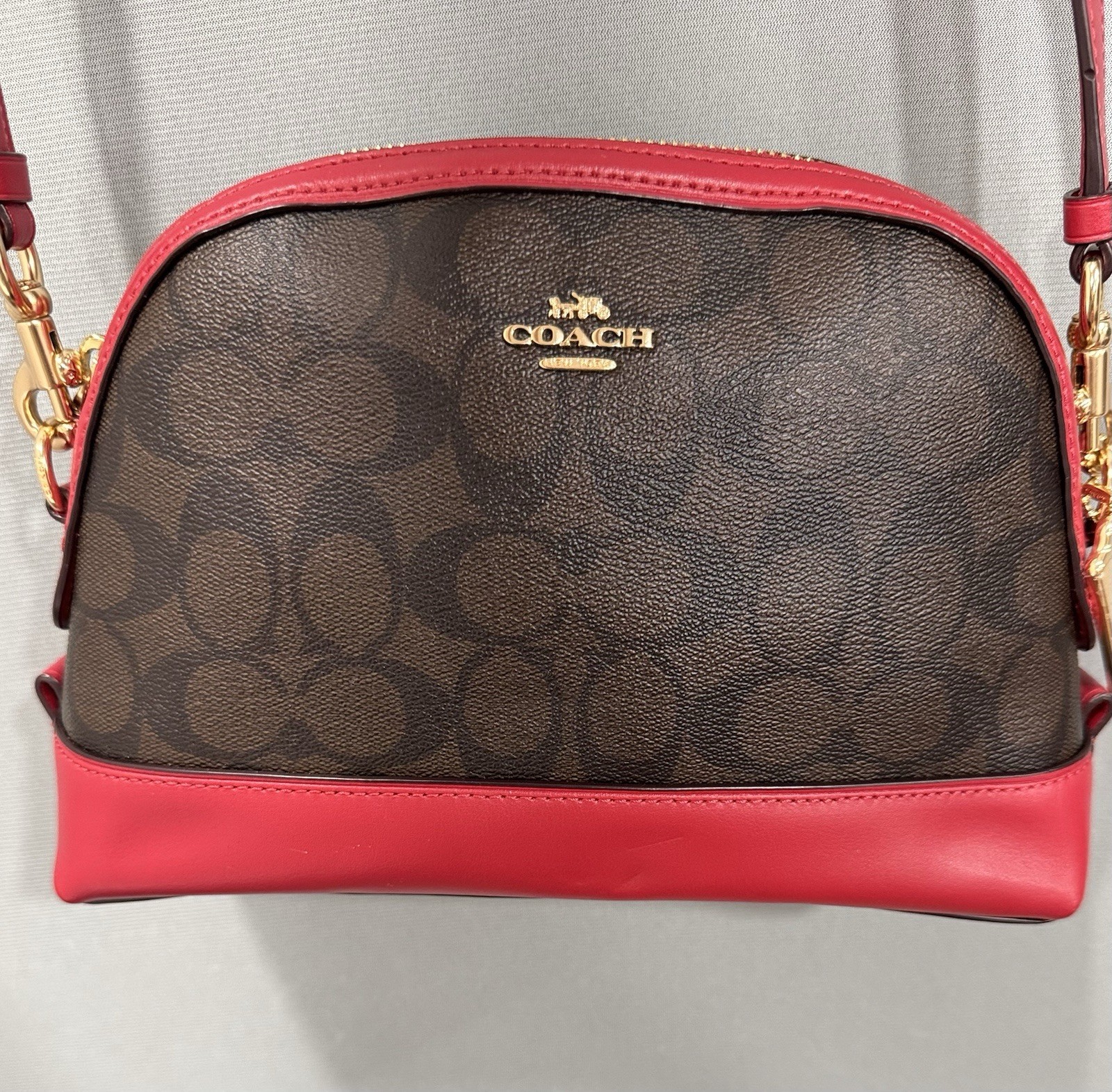 Coach F76674 Mini Sierra Dome Crossbody Brown Signature Red Leather Bag