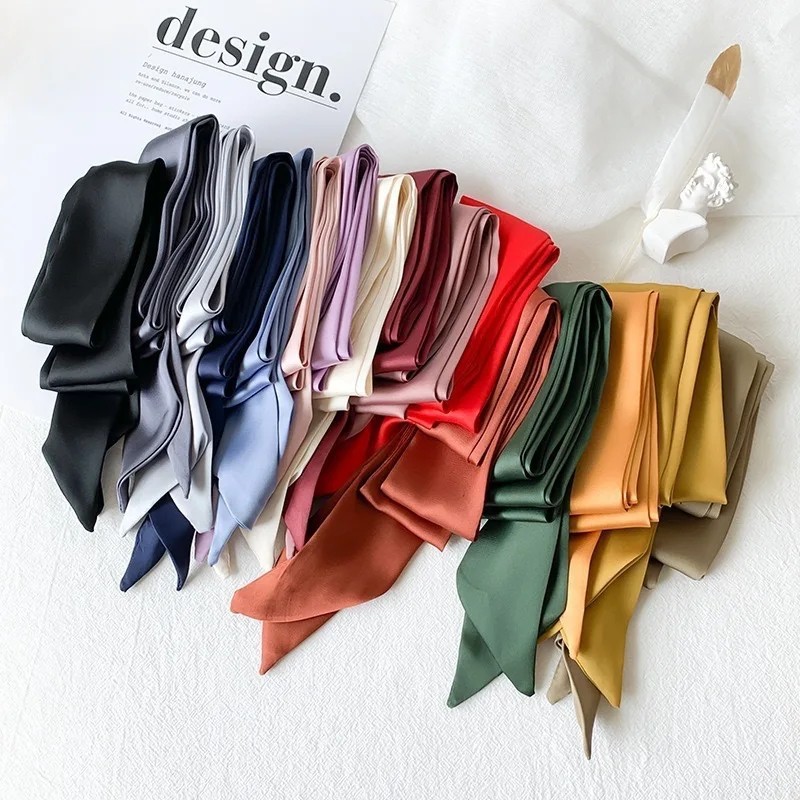 5x200cm Satin Silk Narrow Scarf Neckerchief Solid Neck Scarves Long Silk Thin Sc