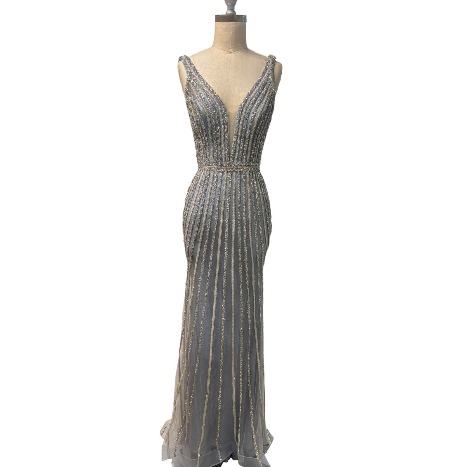 Ladivine by Cinderella Divine Womens Beaded Mermaid Fit & Flare Dress Blue Sz 2