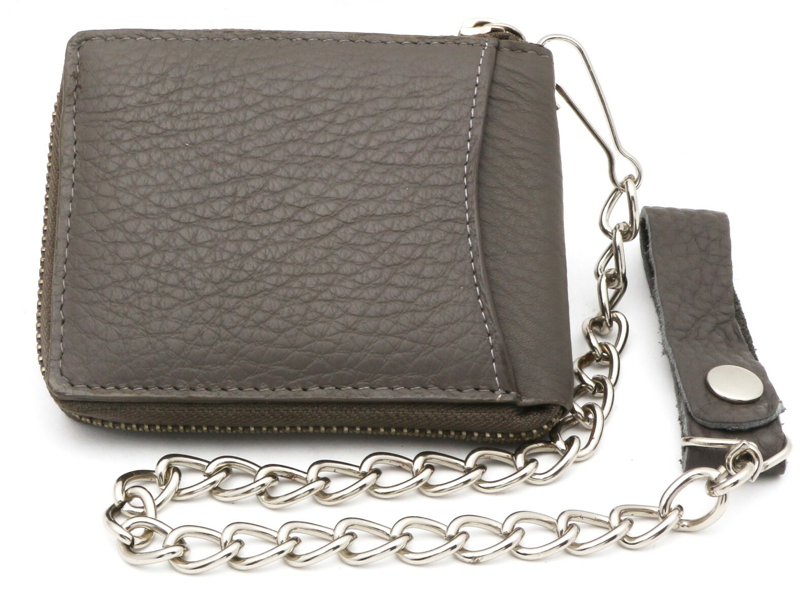 Bifold Gray Genuine Leather Scale Texture Zip-Around Wallet with a Chain