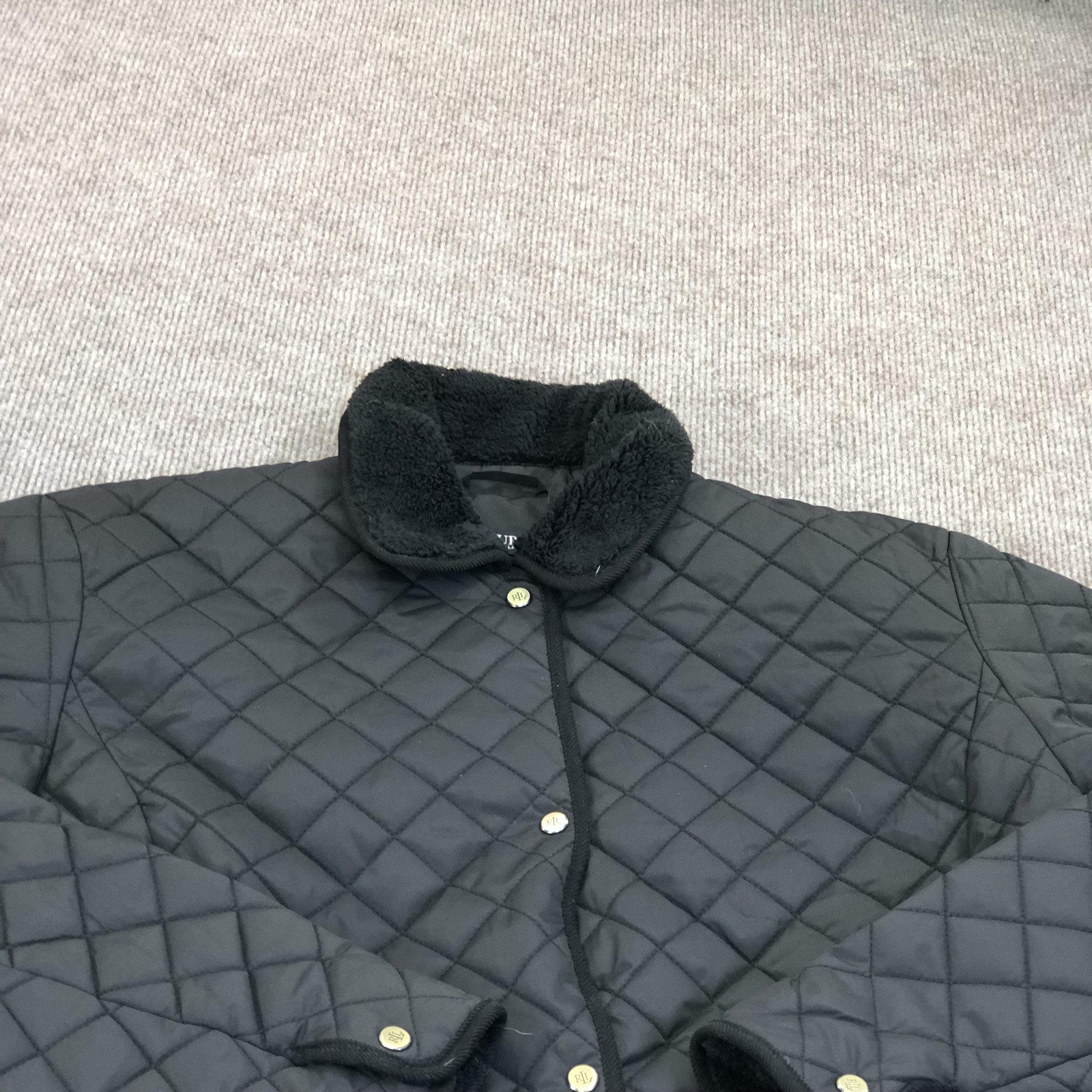 Lauren Ralph Lauren Quilted Jacket Womens 2X Plus Black Faux Fur Snap Lined