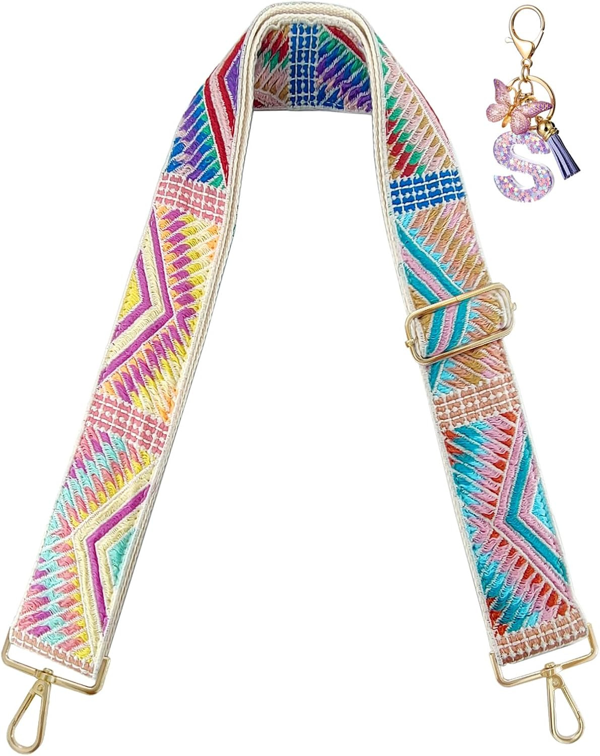 Embroidery Flower Purse Strap Replacement Crossbody 2 Inch Wide with Letter S Ke