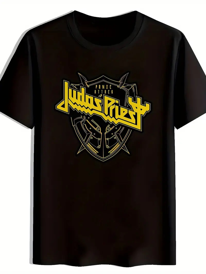 Men’s Black Rock Band Graphic T-Shirt – Judas Priest Logo Design, Short Sleeve C